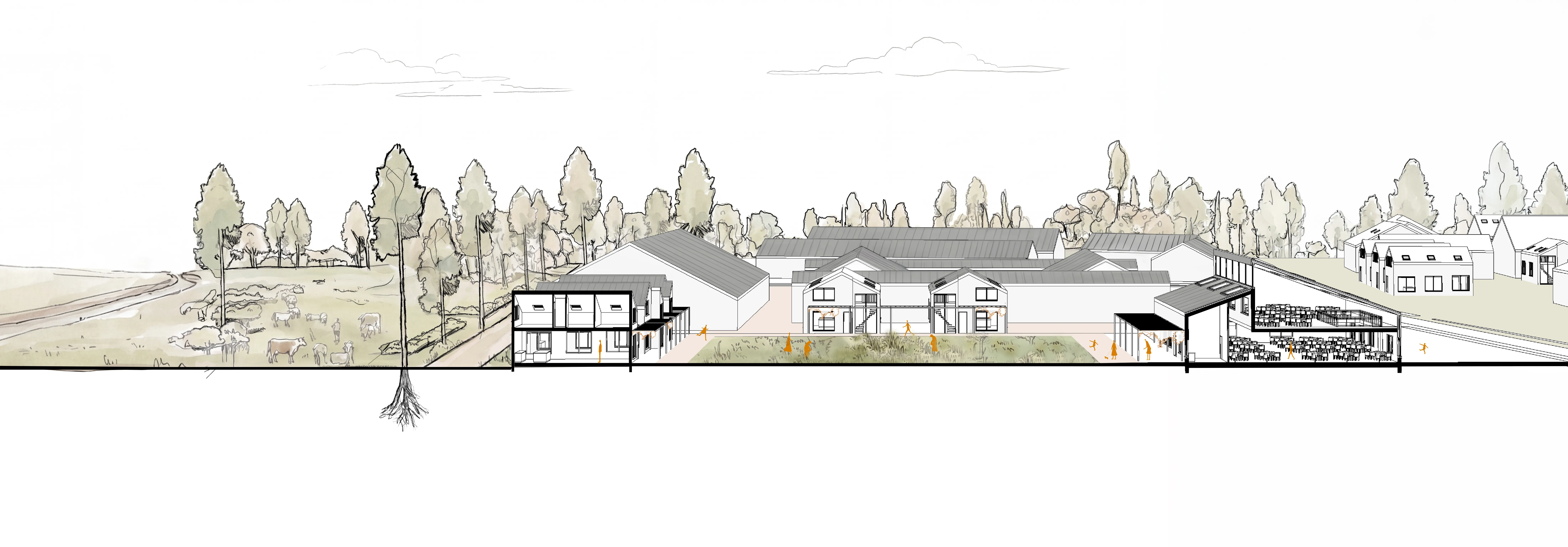 CO — SPINE algemene doorsnede — langsdoorsnede door het collectieve hart van de nederzetting met eetzaal, binnenhof en woningclusters