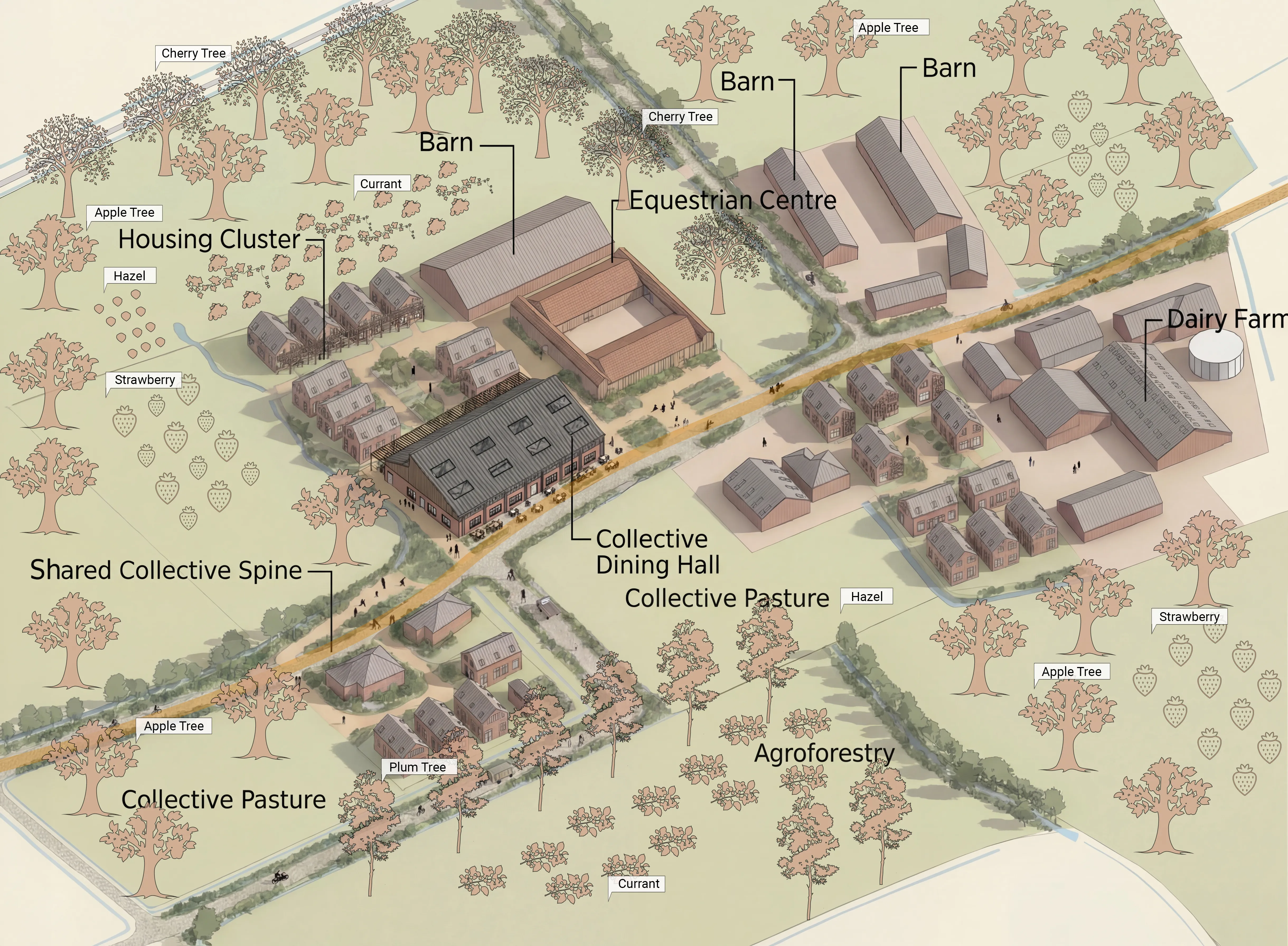 CO — SPINE Zone A nieuwe situatie — woningclusters, collectieve ruggegraat en landbouwzones na transformatie