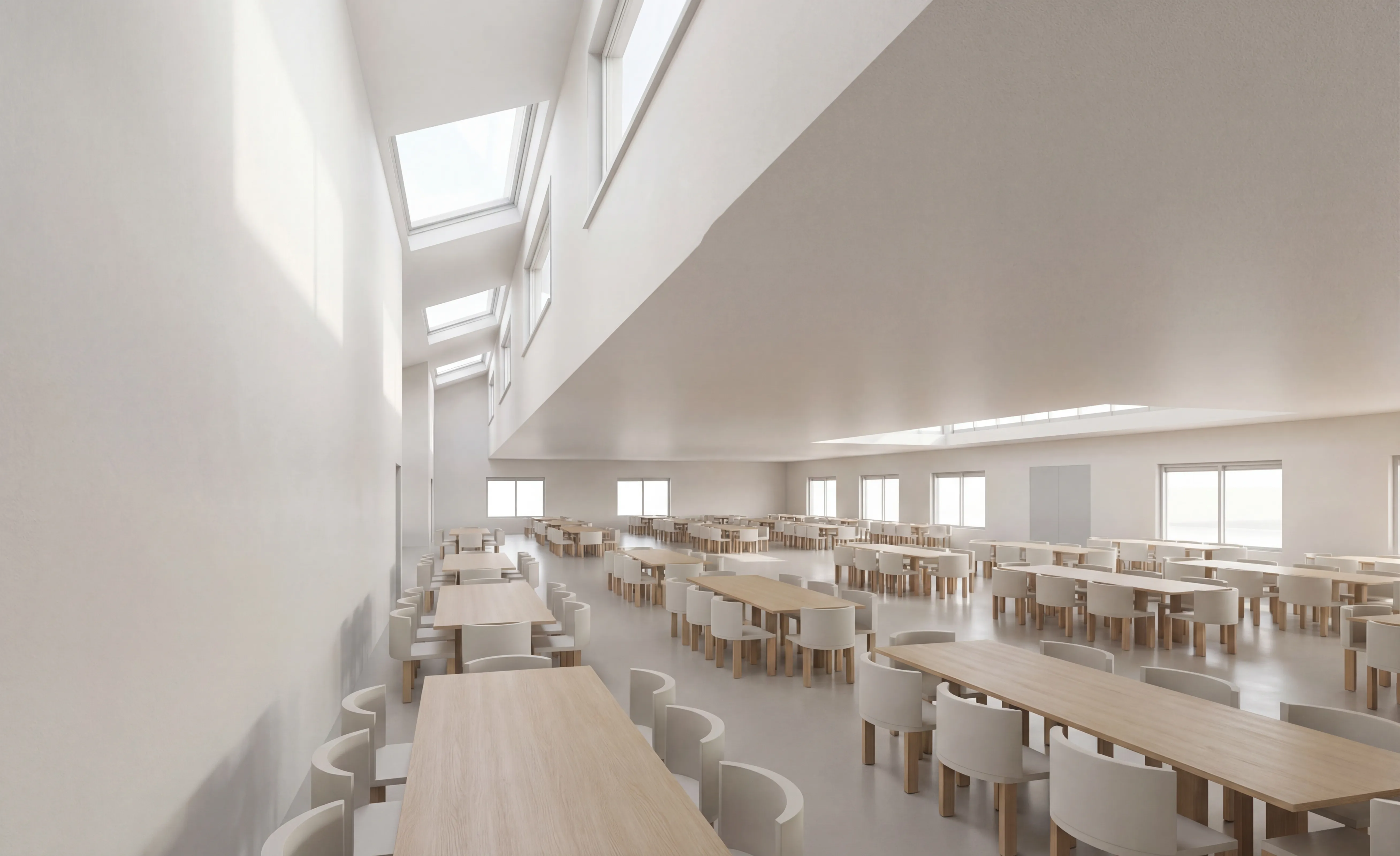 CO — SPINE buitenzicht render — zicht op de collectieve eetzaal en ruggegraat vanuit de naastgelegen wooncluster