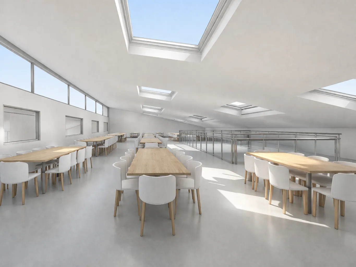 CO — SPINE interieur render eetzaal — lange communale tafels, daglicht van bovenaf, hout en baksteen