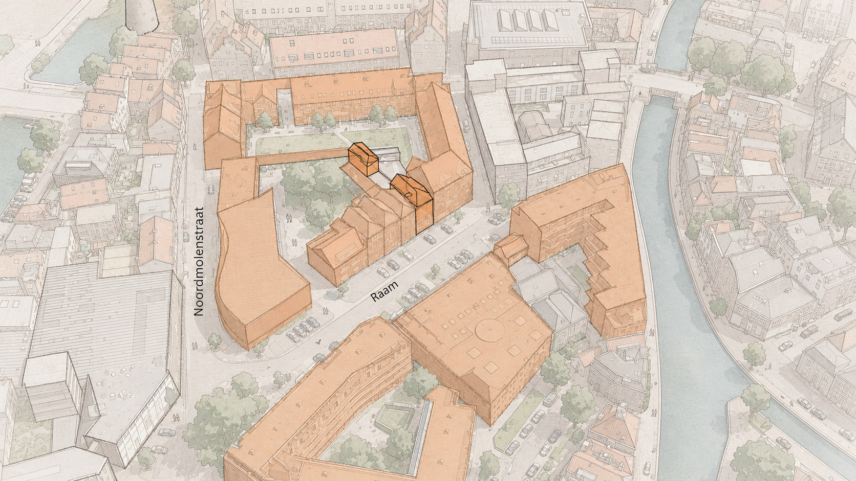 Contextstudie van Raam in Schiedam met de voorgestelde woonlaag gemarkeerd binnen het bestaande bouwblok