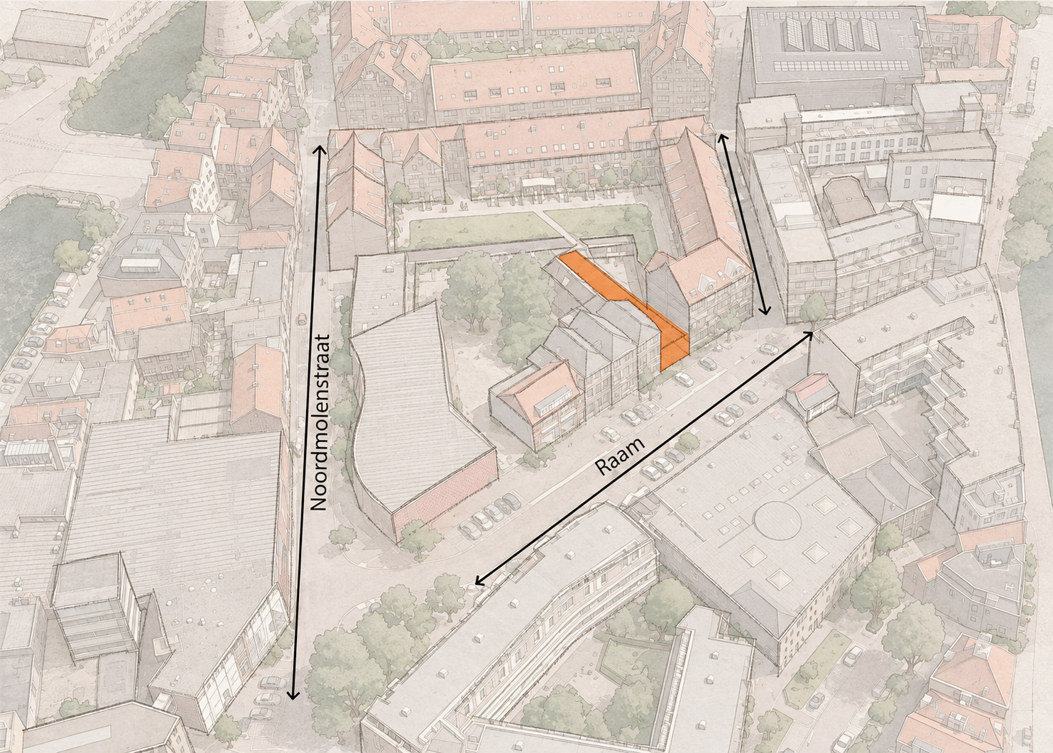 Stedenbouwkundige axonometrie van Raam en Noordmolenstraat in Schiedam met het project in zijn stedelijke context
