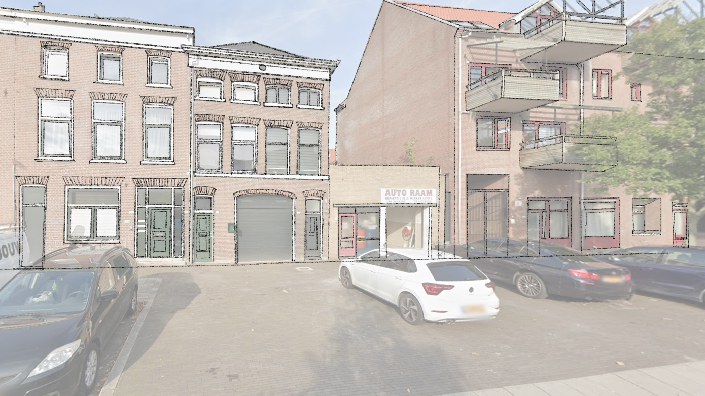 Bestaande autowerkplaats aan Raam in Schiedam vóór de voorgestelde transformatie