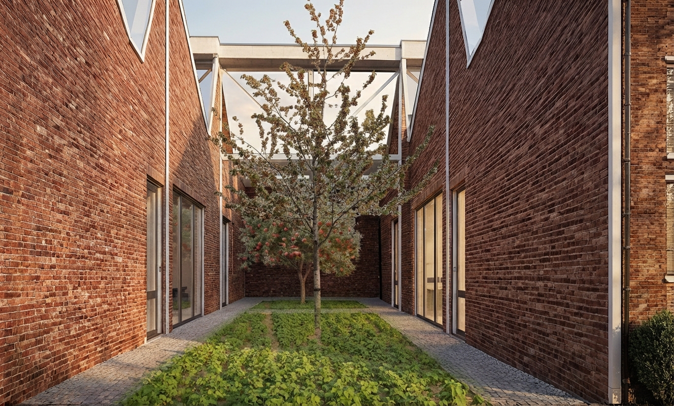ECO-HUB binnenplaats — halfopen binnenhof met bloesemboom en inheemse beplanting