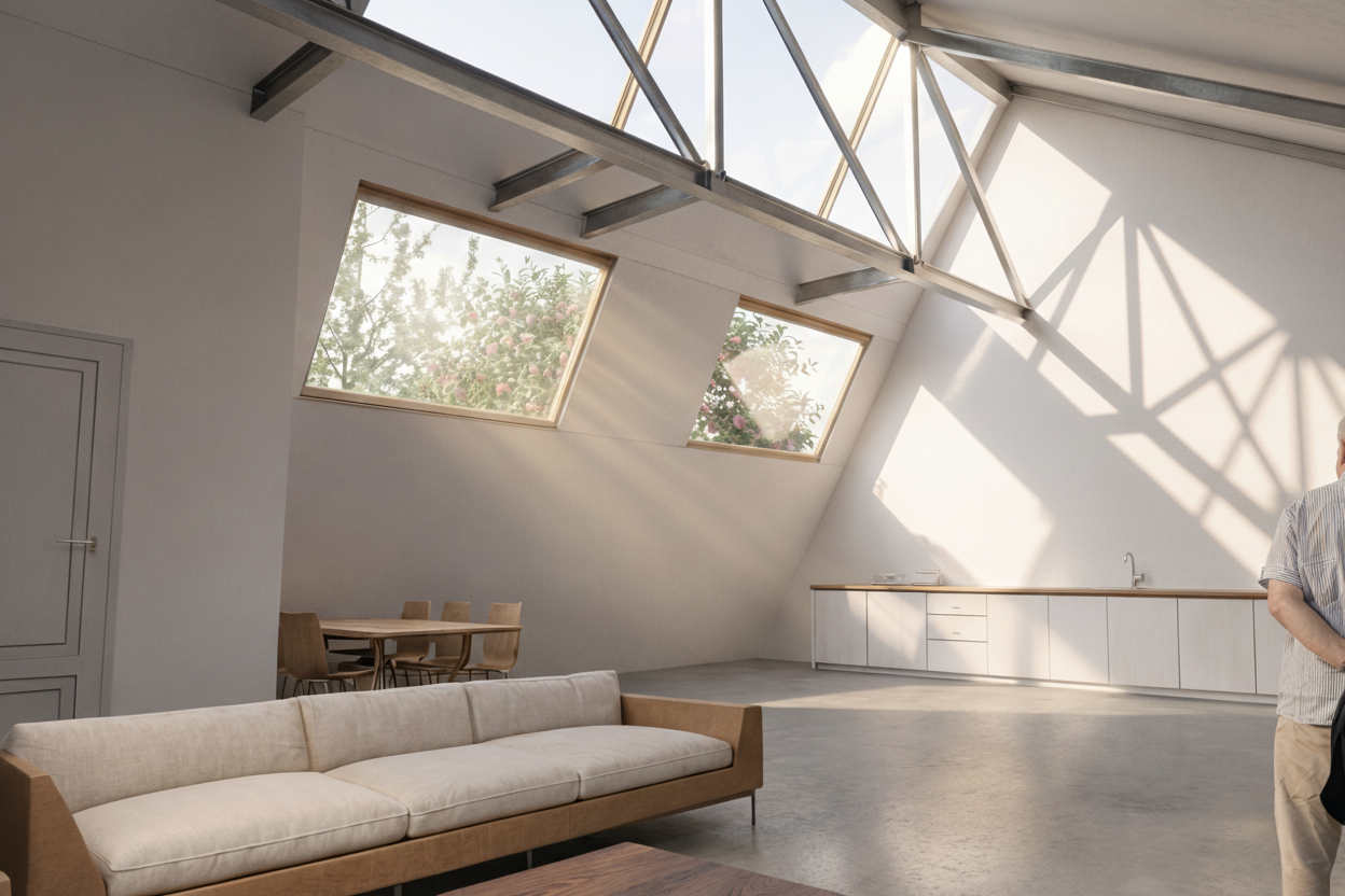 ECO-HUB loftwoning interieur — staalconstructie, dakramen en betonnen vloer