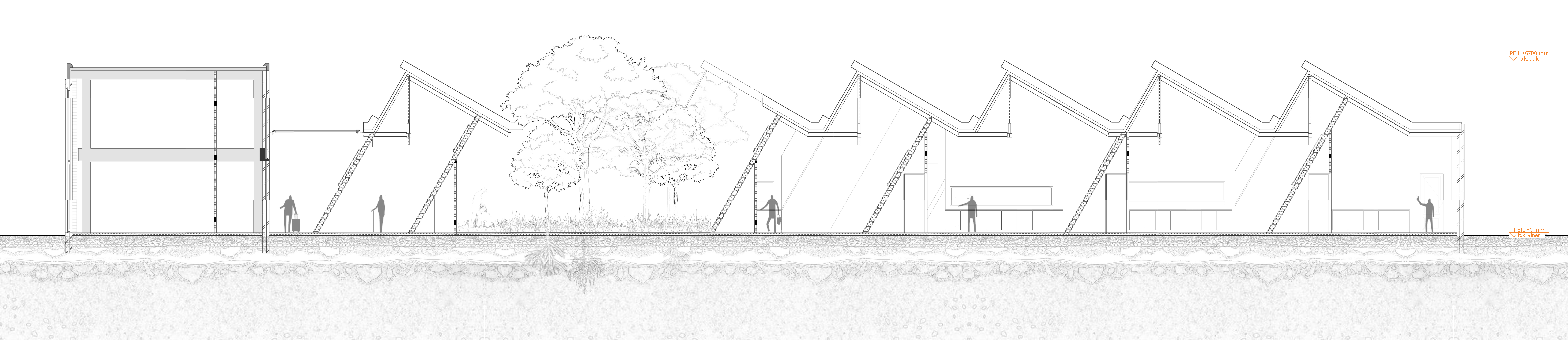ECO-HUB doorsnede A — langsdoorsnede met dakconstructie en binnenhof