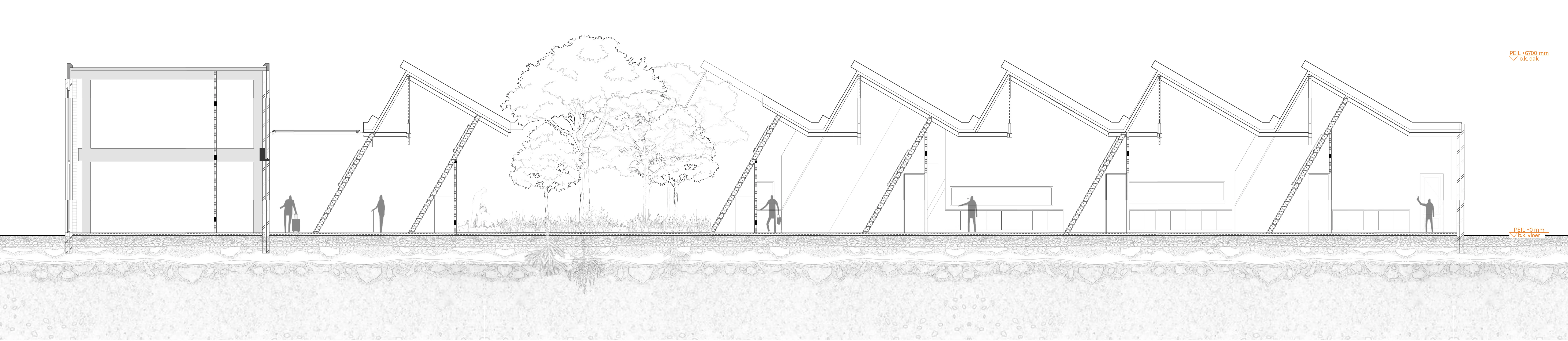 ECO-HUB doorsnede A — langsdoorsnede met dakconstructie en binnenhof
