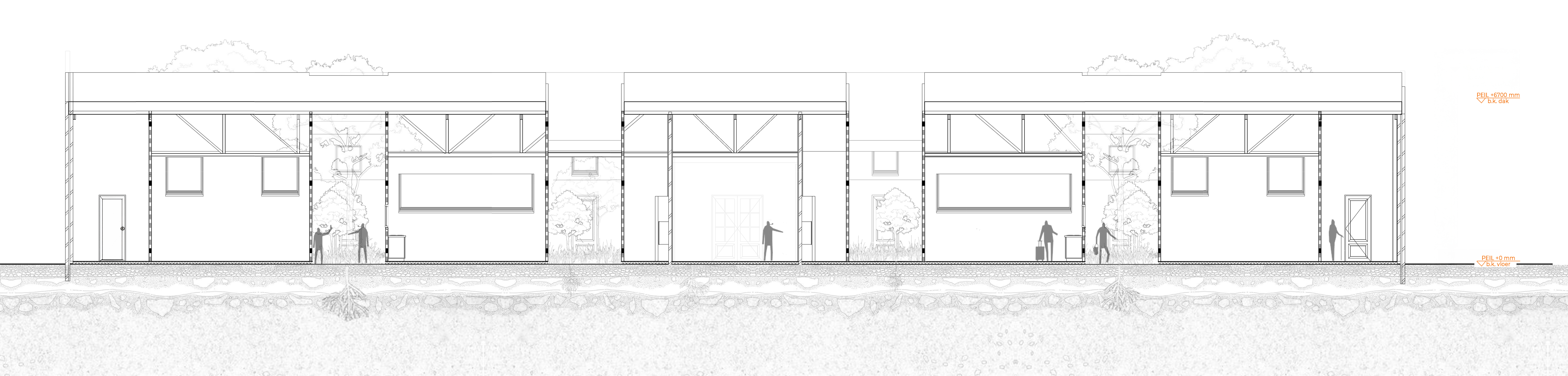 ECO-HUB doorsnede B — dwarsdoorsnede met staalconstructie