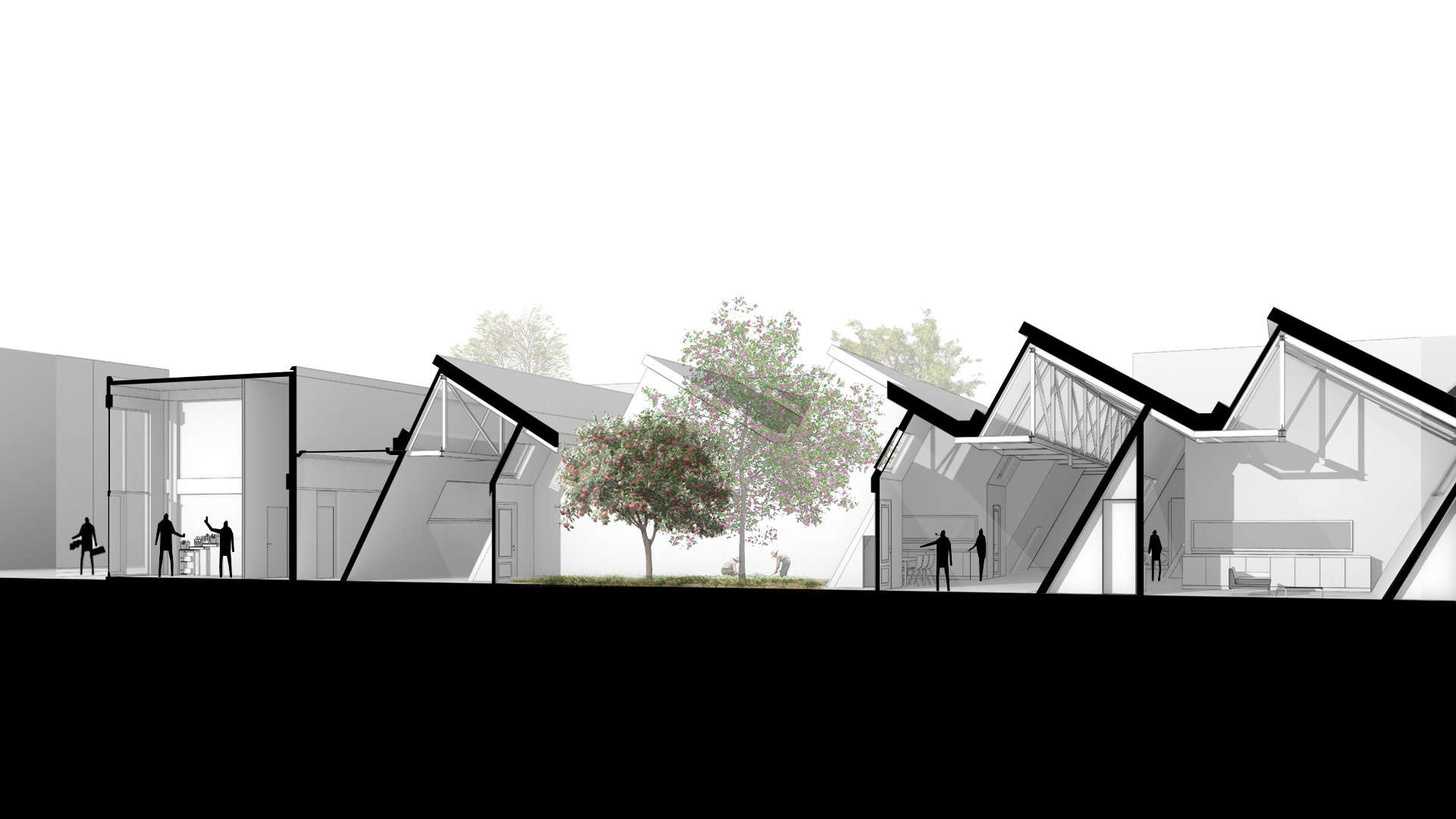 ECO-HUB doorsnede perspectief — ruimtelijke relaties binnenhoven en dakconstructie
