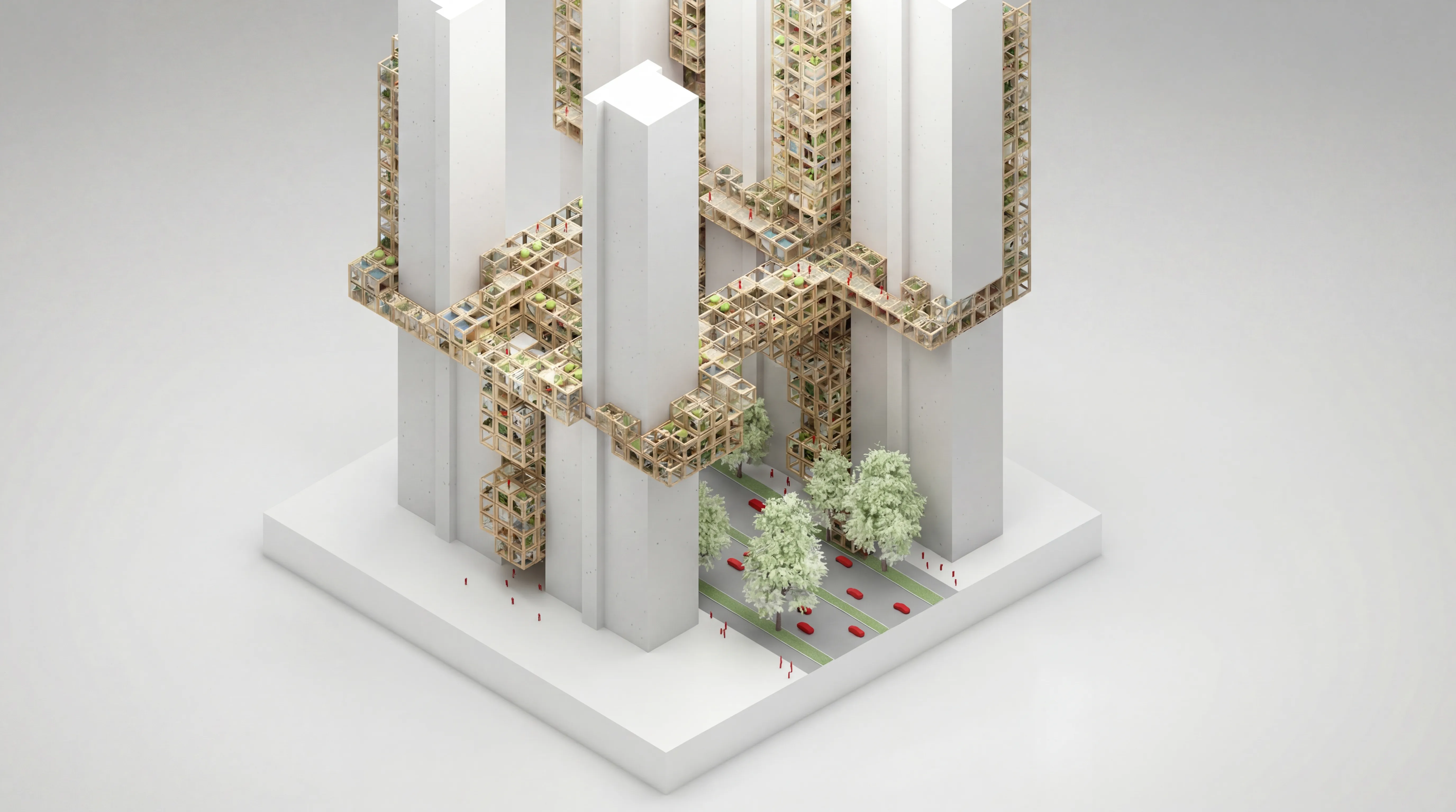 IN-BETWEEN fase 1 — kale draagstructuur: horizontale platformen verbinden de verticale torens zonder begroeïng