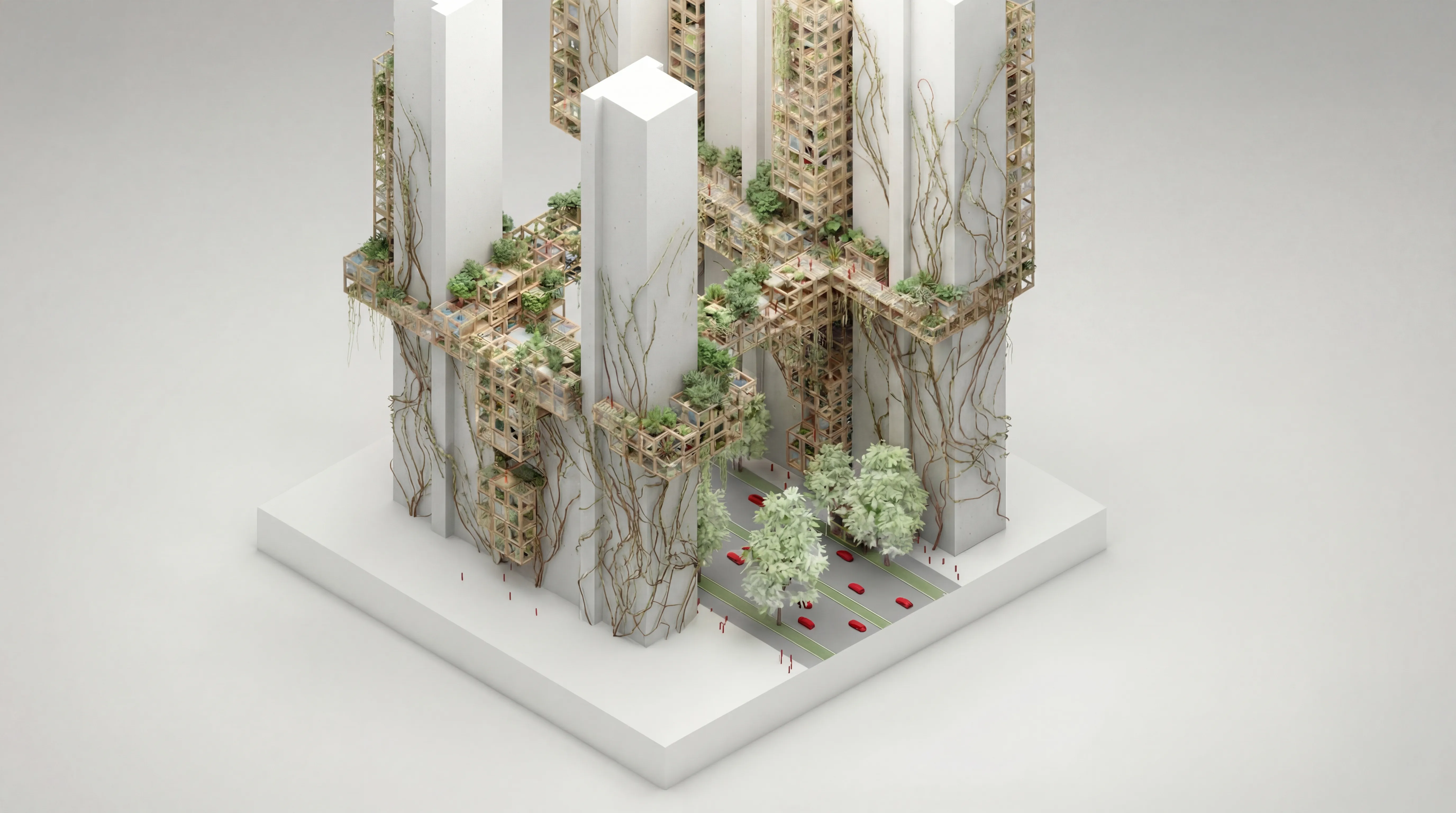 IN-BETWEEN fase 2 — klimplanten en jonge bomen beginnen de tussenlagen te koloniseren