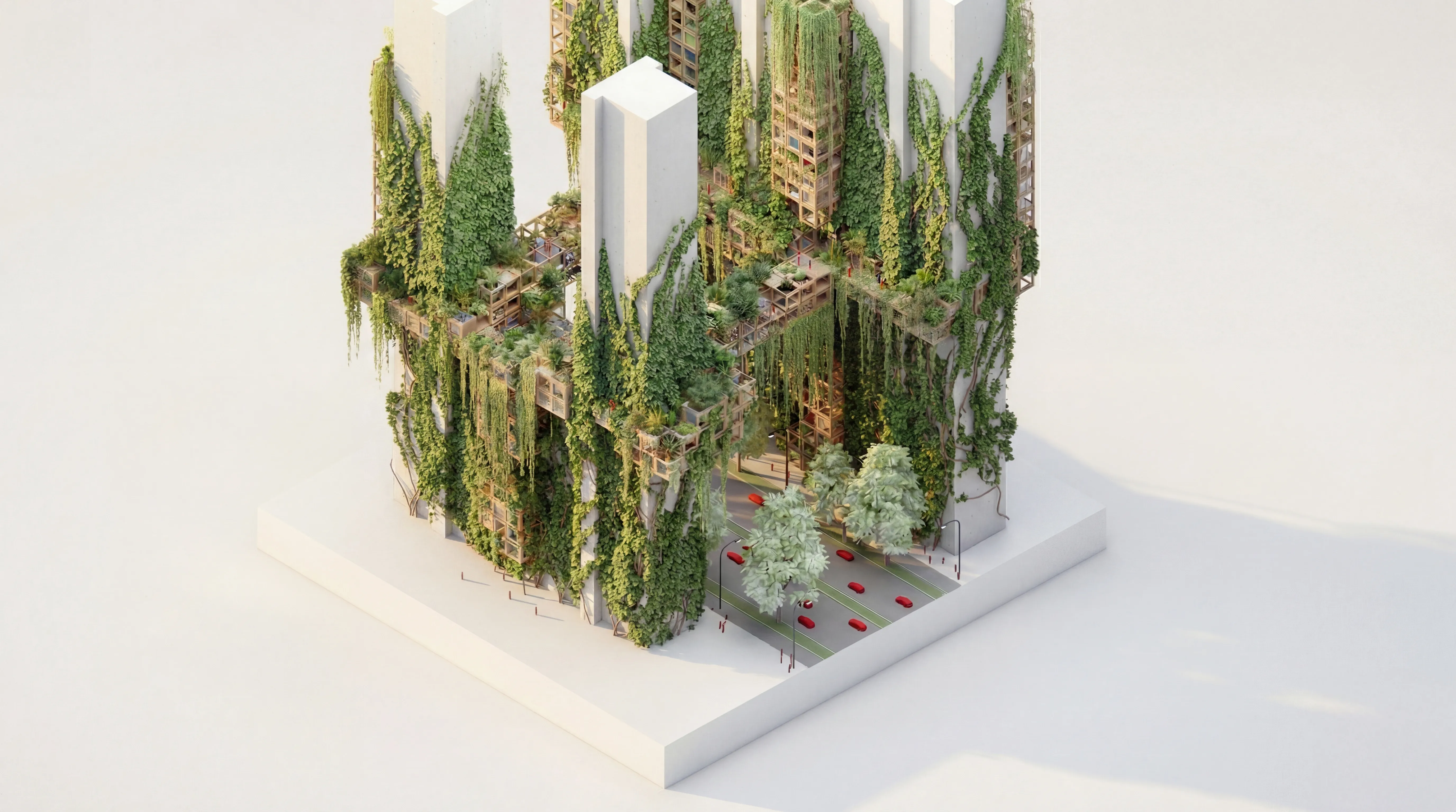IN-BETWEEN fase 3 — volwassen systeem volledig bedekt met weelderig groen, hangen tuinen en daklandbouw