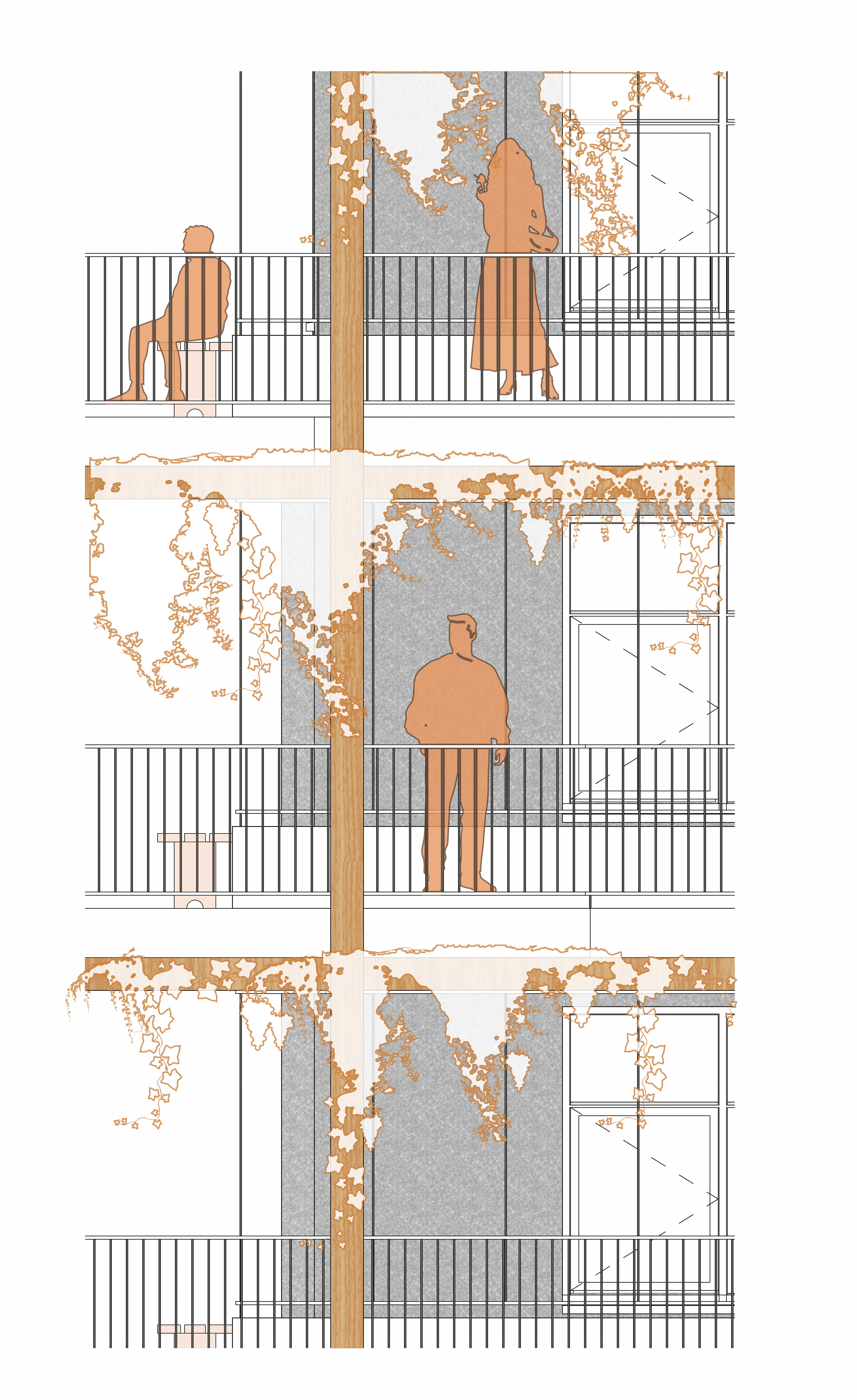 Gevel schaal 1:20 — geveltekening van de tussenlaag met materiaaldetails en beplantingssysteem
