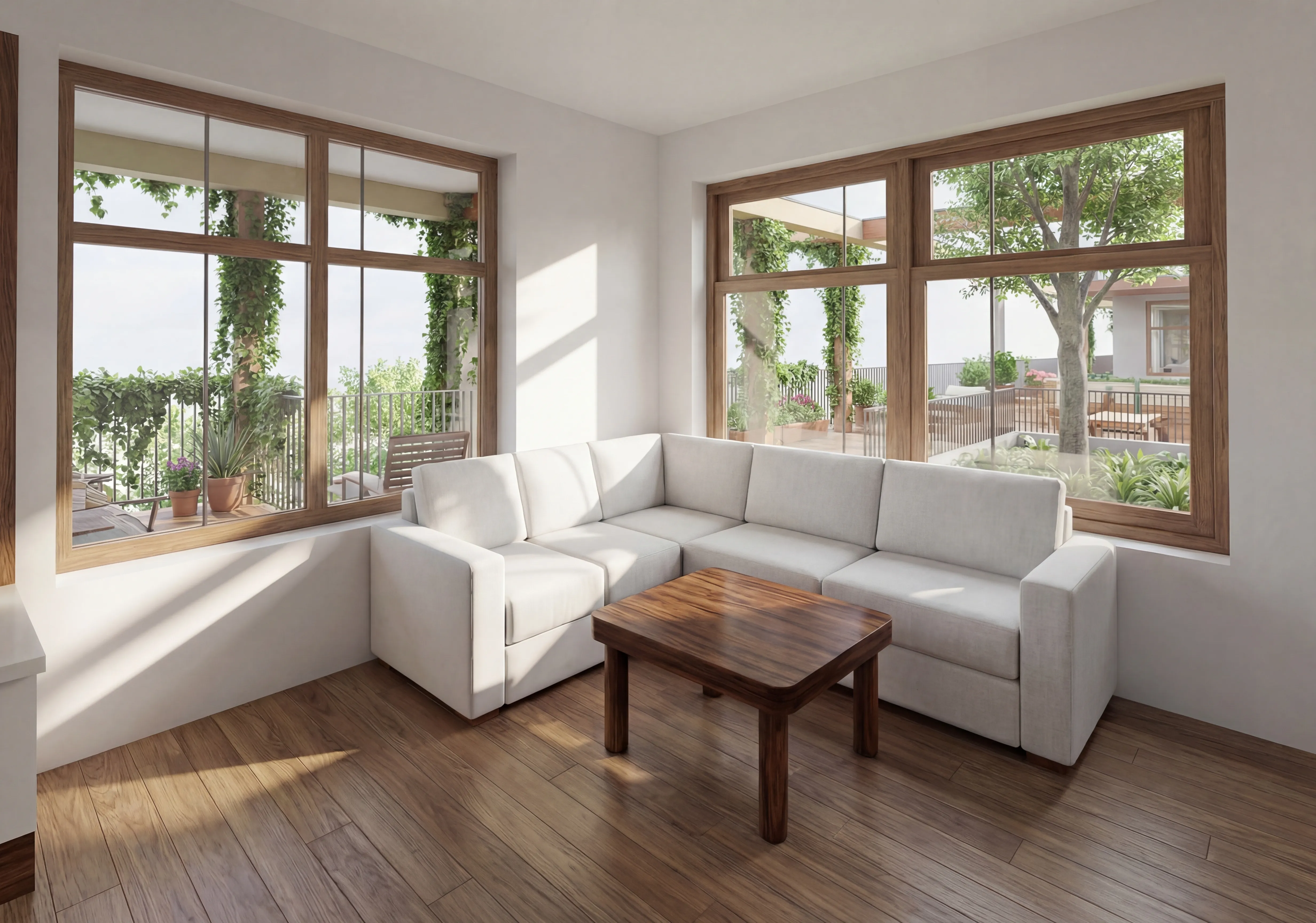 Woonkamer render IN-BETWEEN: warme houten kozijnen, witte bank, houten salontafel, grote ramen met zicht op het begroeide tussenlaagplatform en binnentuin