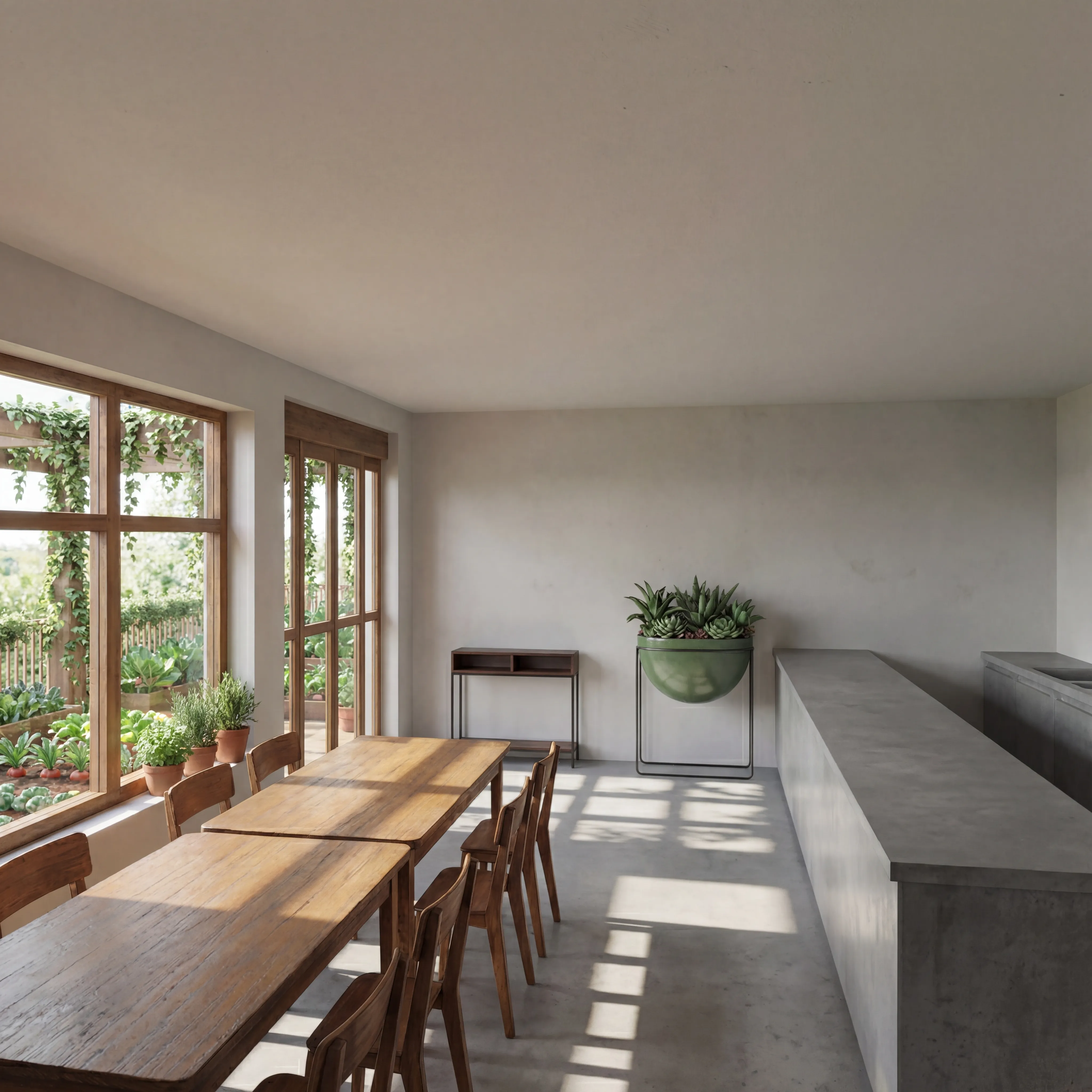 Collectieve eetkamer render IN-BETWEEN: lange houten tafel met stoelen, betonnen aanrecht, grote ramen met planten op de vensterbank en doorkijk op de oogsttuinen