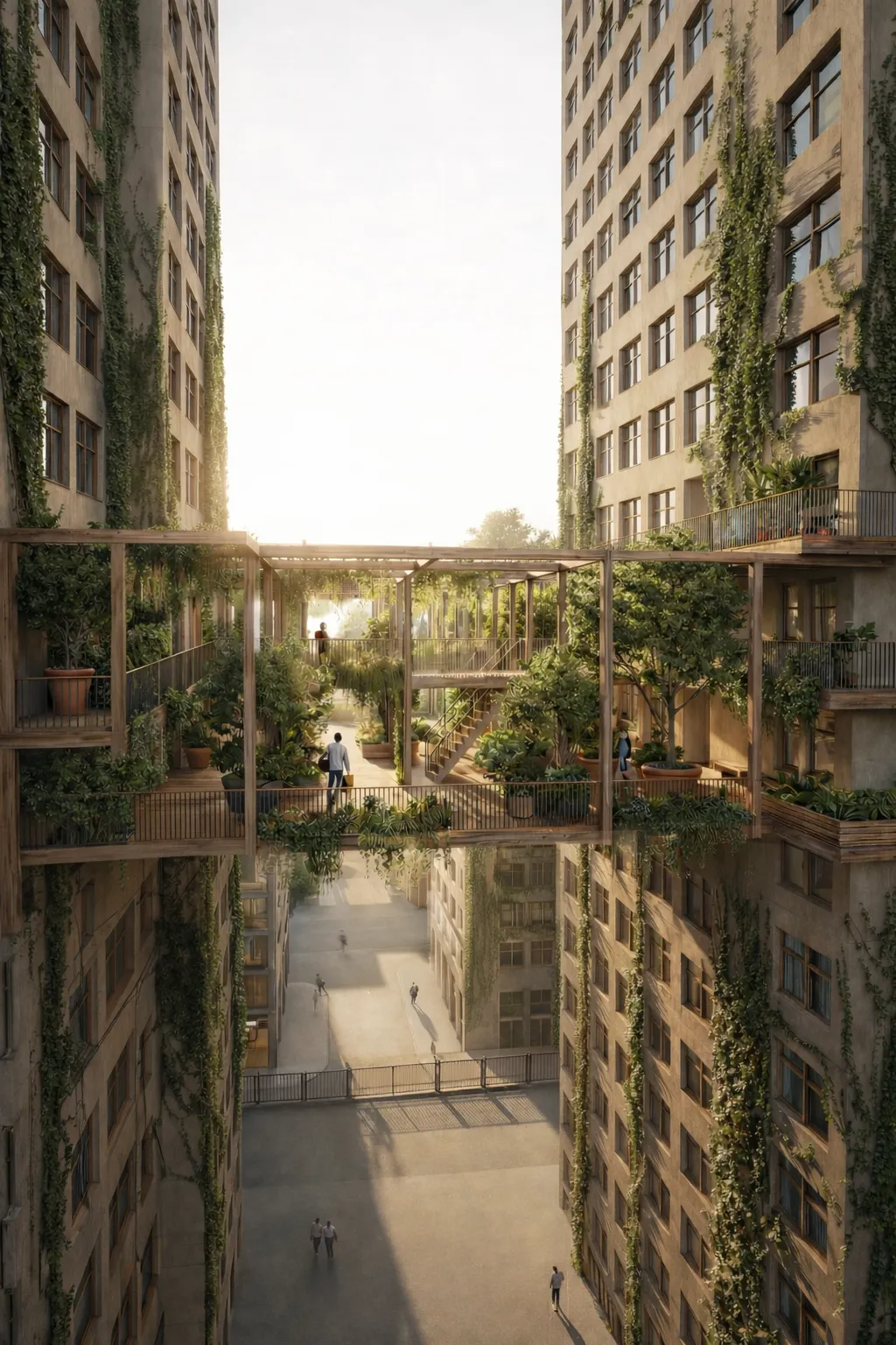 IN-BETWEEN Tilburg — perspectivisch zicht omhoog door de tussenlaag: hangende tuinen, productieve platforms en groen tussen twee hoogbouwtorens