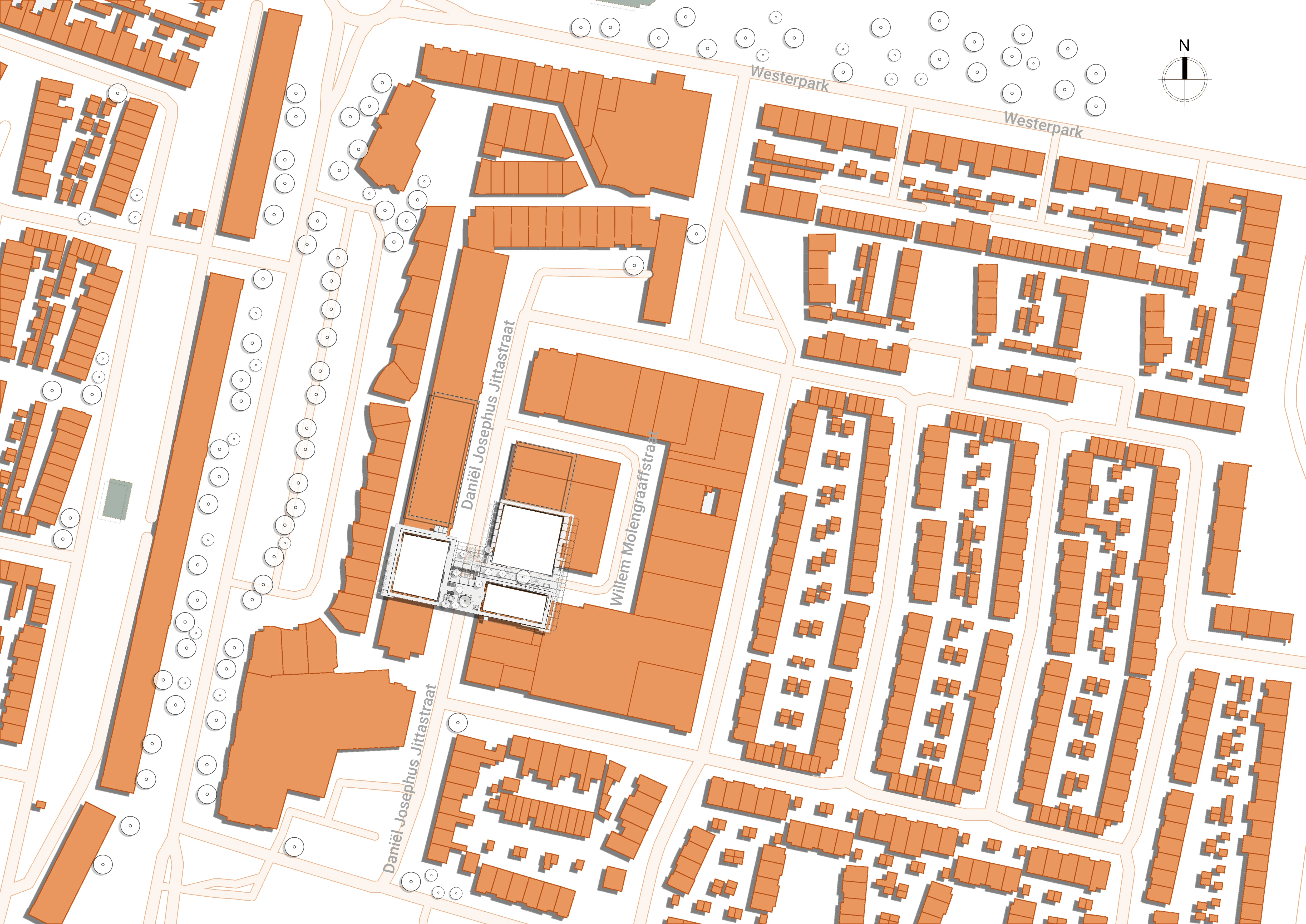 Vaziyet planı — situatieplan van het IN-BETWEEN projectgebied met de positionering van de tussenlagen tussen de bestaande hoogbouwtorens