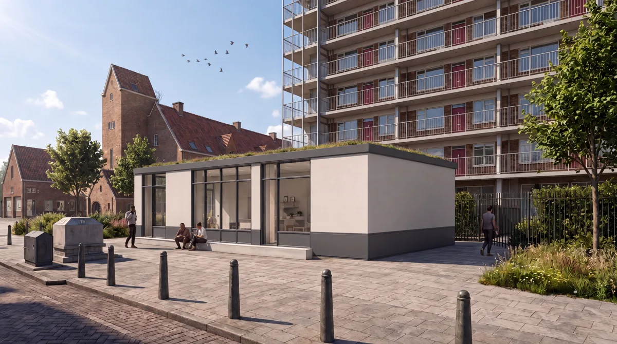 Visualisatie van de vernieuwde gevel en uitbreiding aan de Katendrechtse Lagedijk