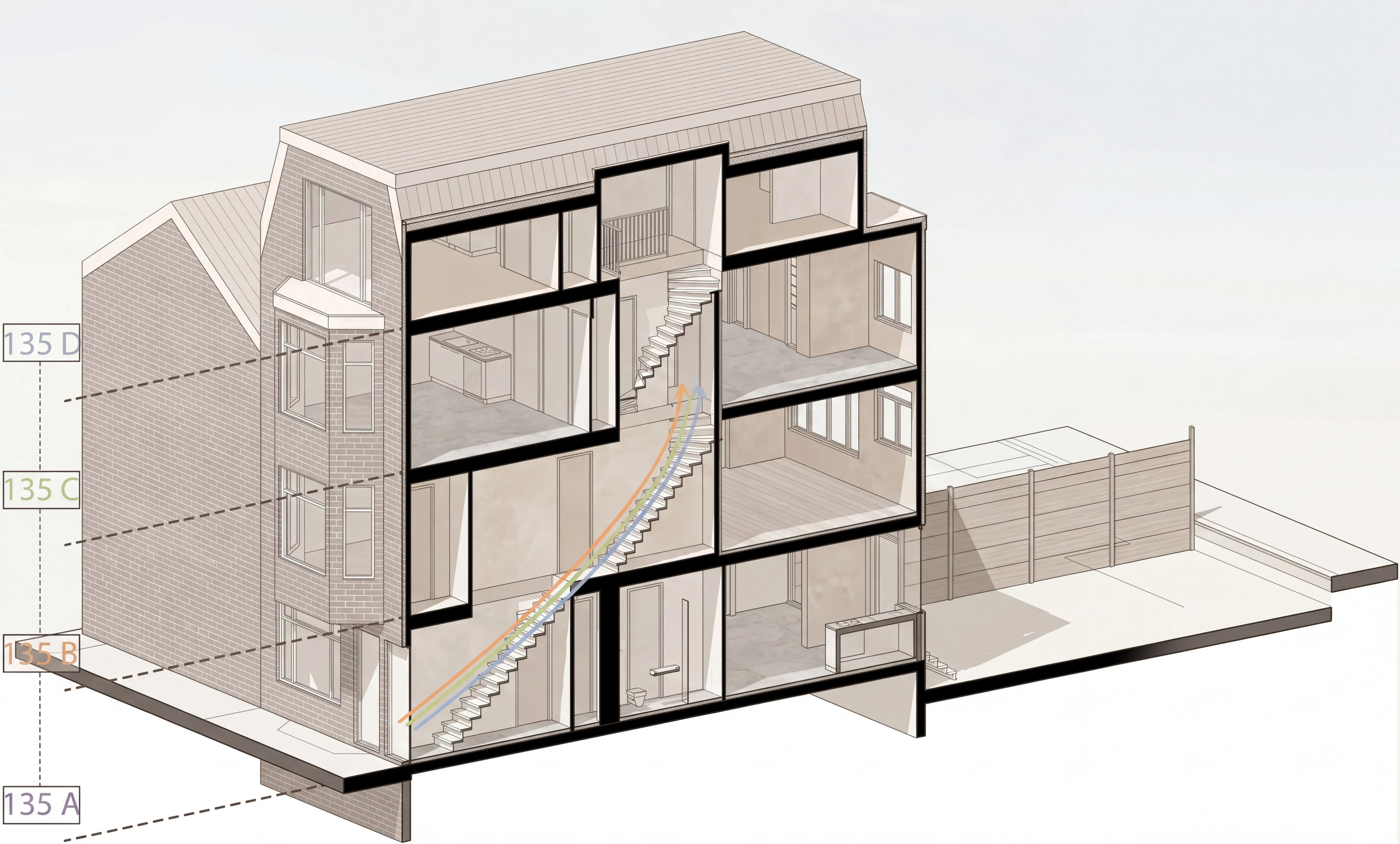 Noordsingel 135 — doorsnede nieuwe situatie met herziene verticale circulatie