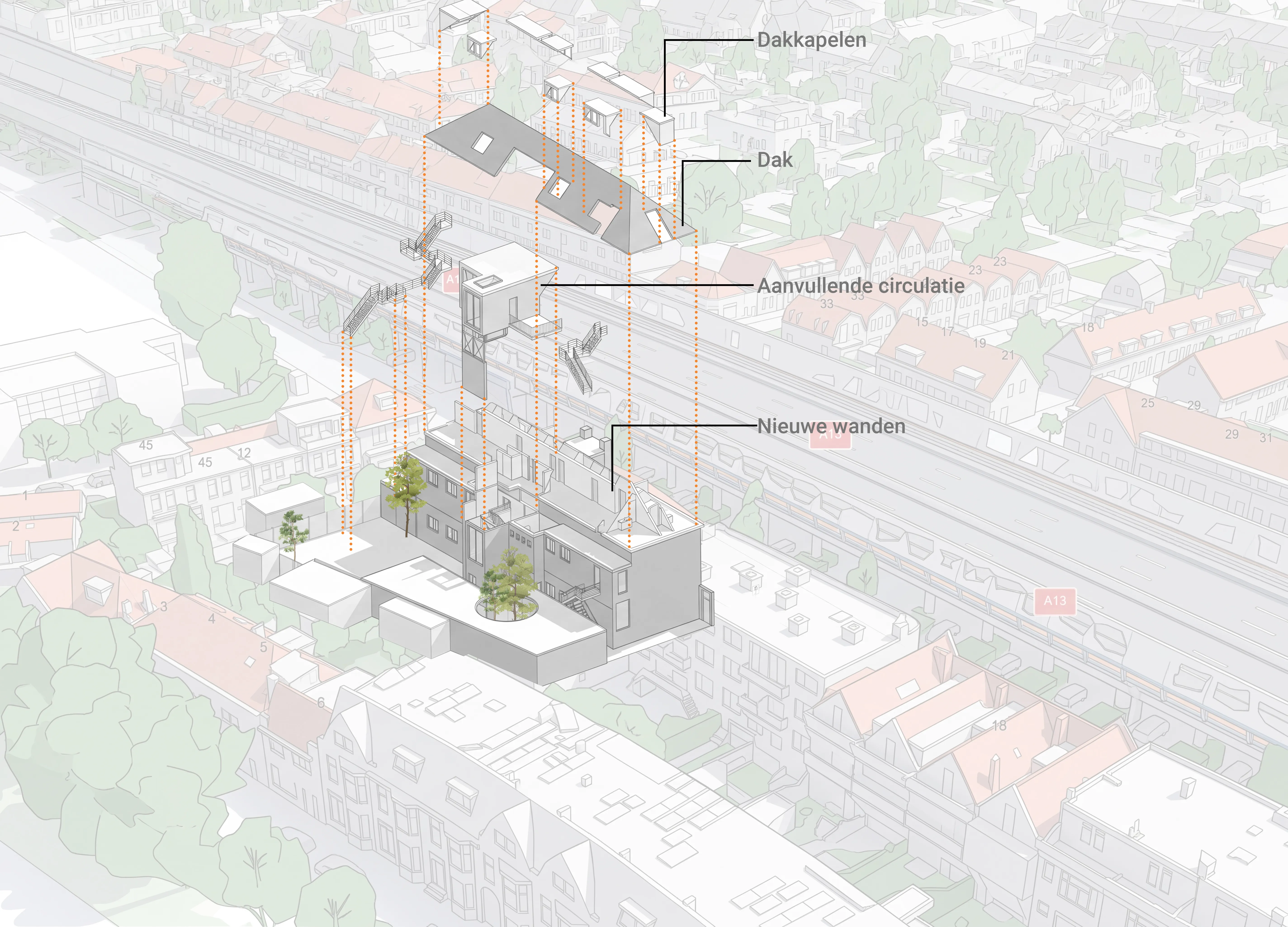 Exploded diagram — bestaand volume, nieuwe circulatie, nieuwe wanden en dakkapellen