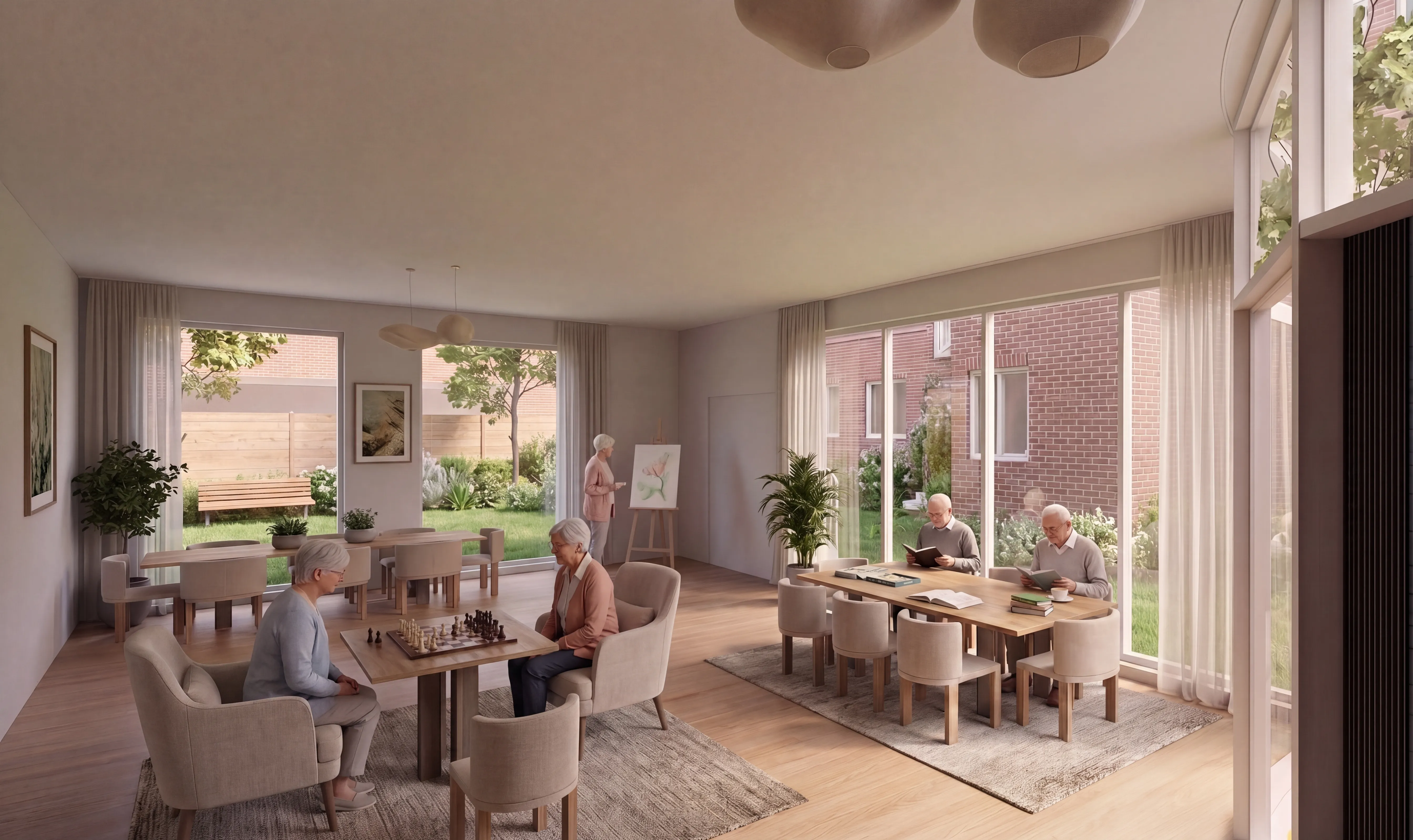 Visualisatie ontmoetingsruimte — gemeenschappelijke leefruimte voor bewoners