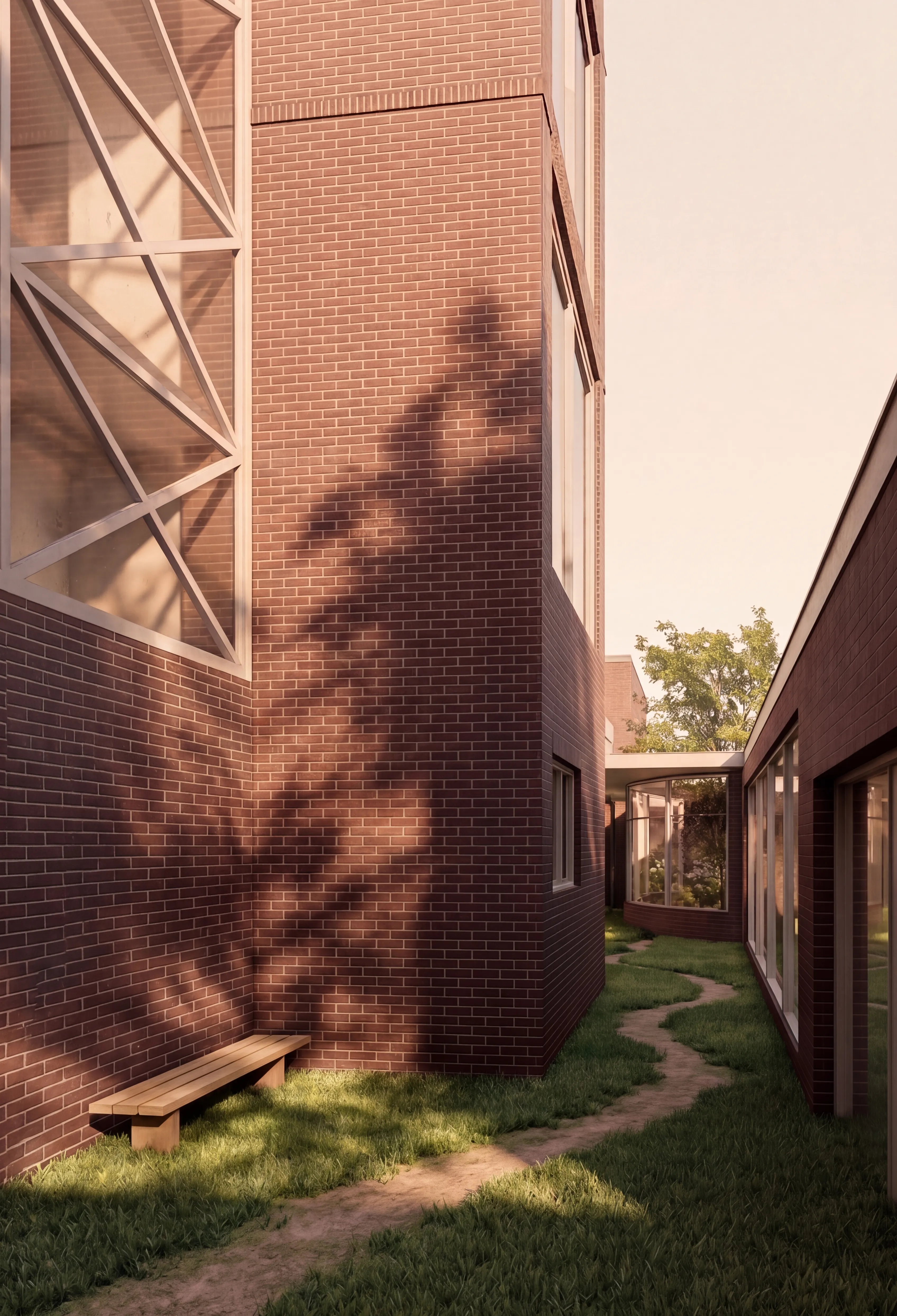 Visualisatie buitenruimte — bestaande baksteengevel met nieuwe ingrepen