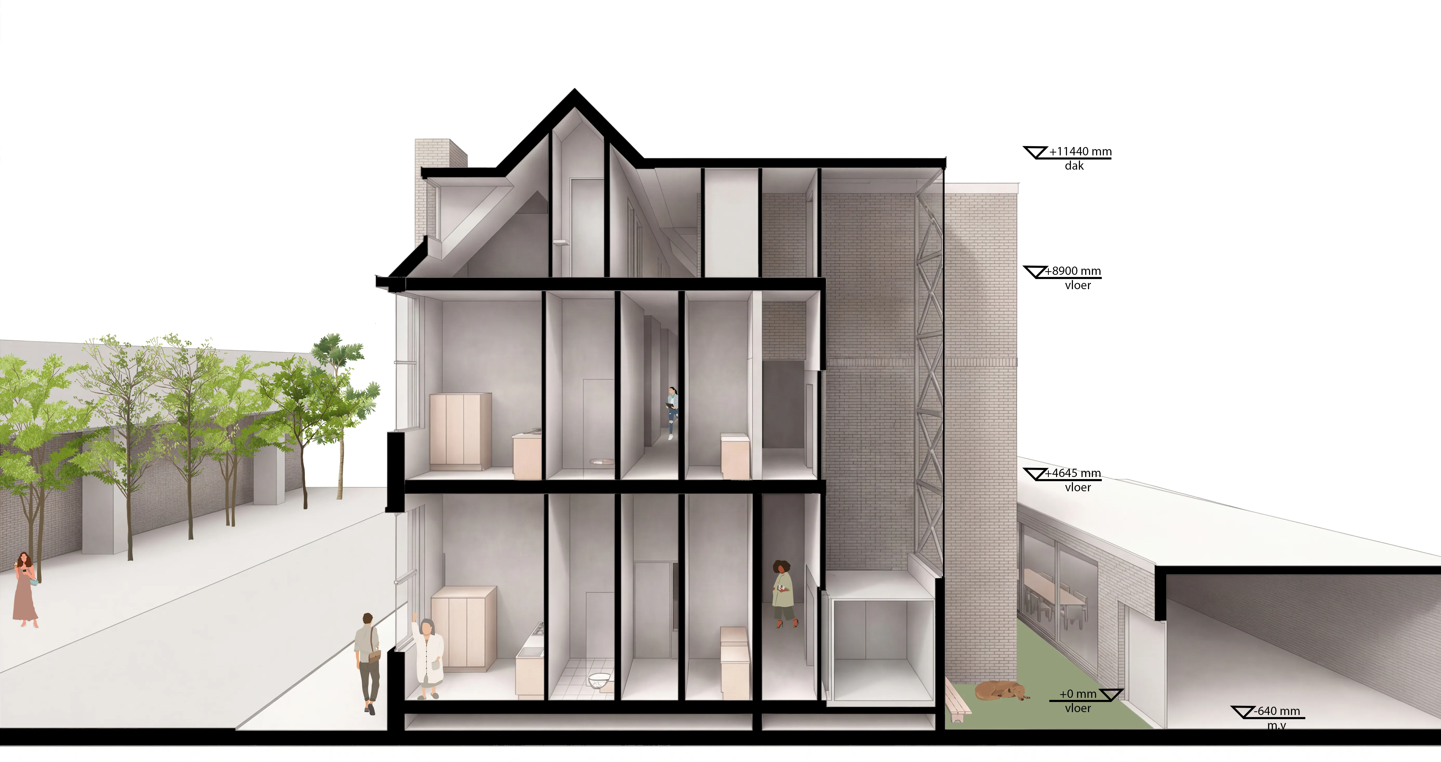 Doorsnede C — perspectiefsectie met ruimtelijke kwaliteit van de units