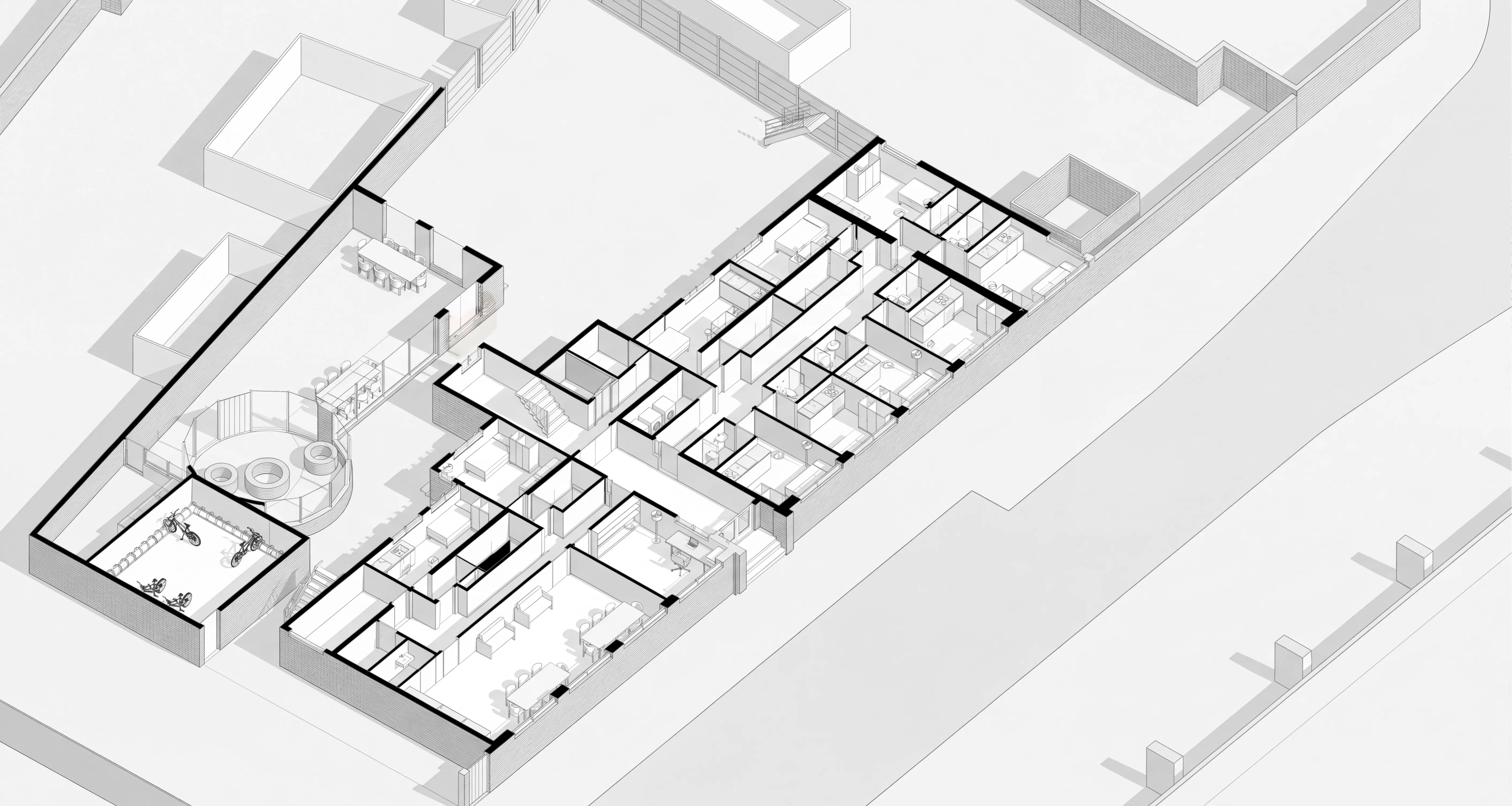 Axonometrie begane grond — indeling 29 units
