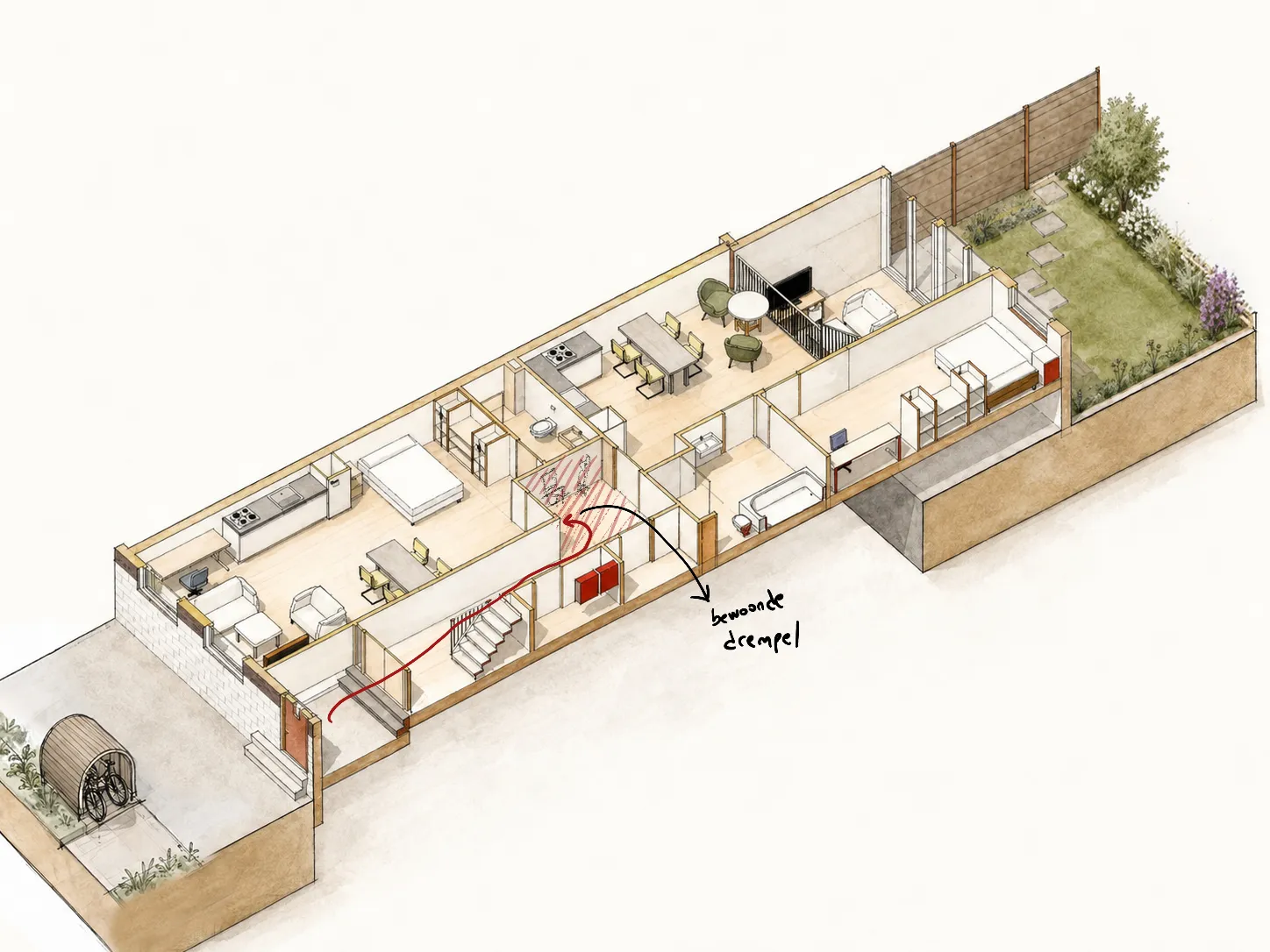 Axonometrische studie van dagelijkse routines in de woningen aan de 's-Gravendijkwal — bewoonde drempel