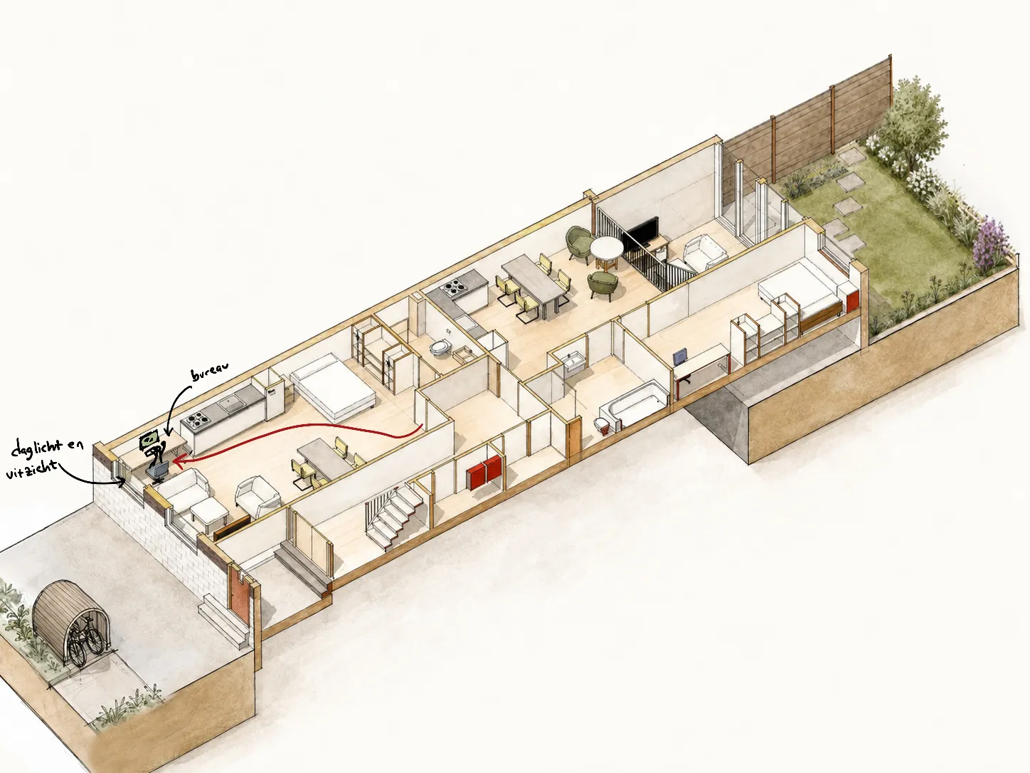 Axonometrische studie van dagelijkse routines in de woningen aan de 's-Gravendijkwal — werkplek aan het raam