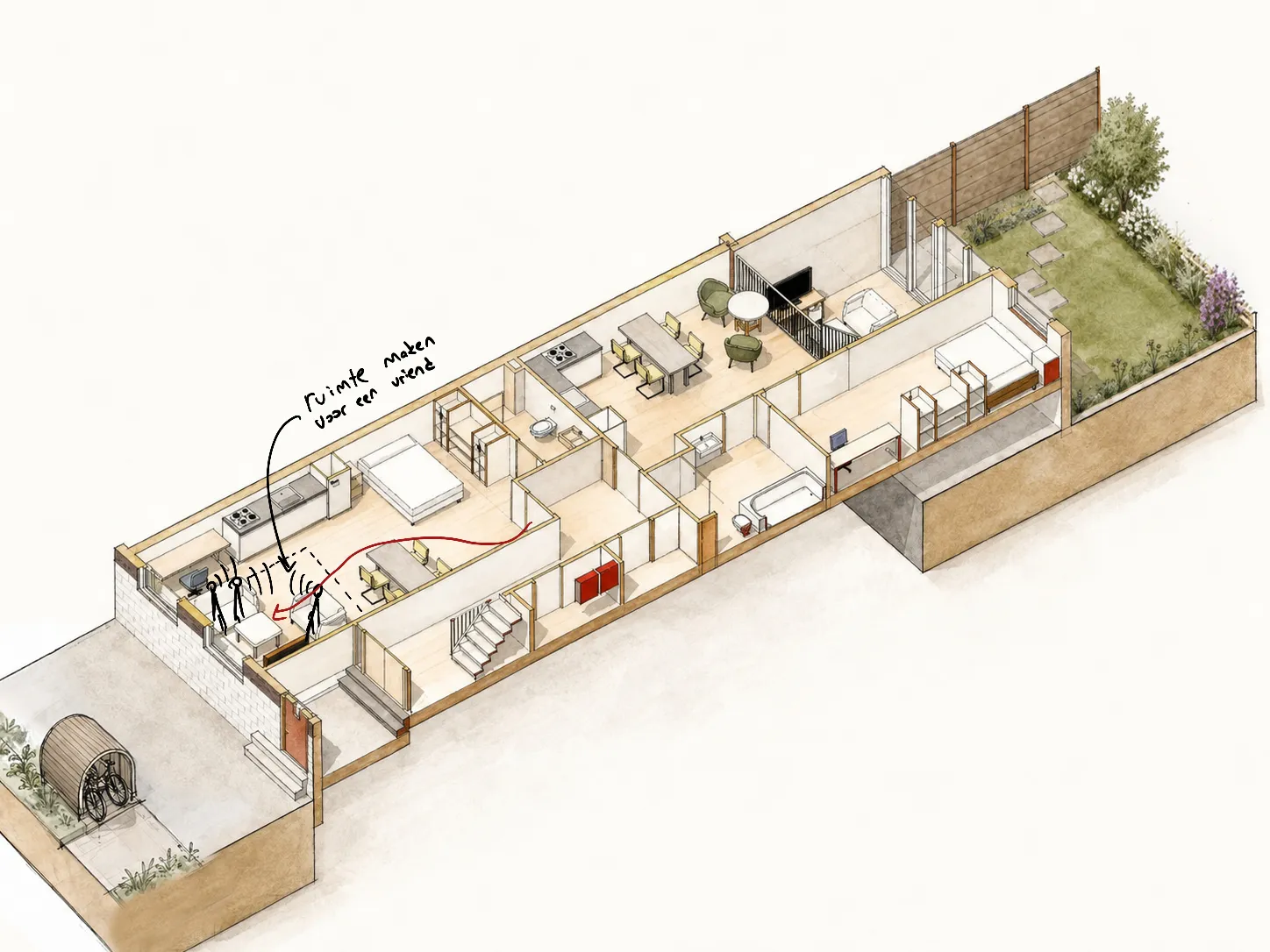 Axonometrische studie van dagelijkse routines in de woningen aan de 's-Gravendijkwal — privacy
