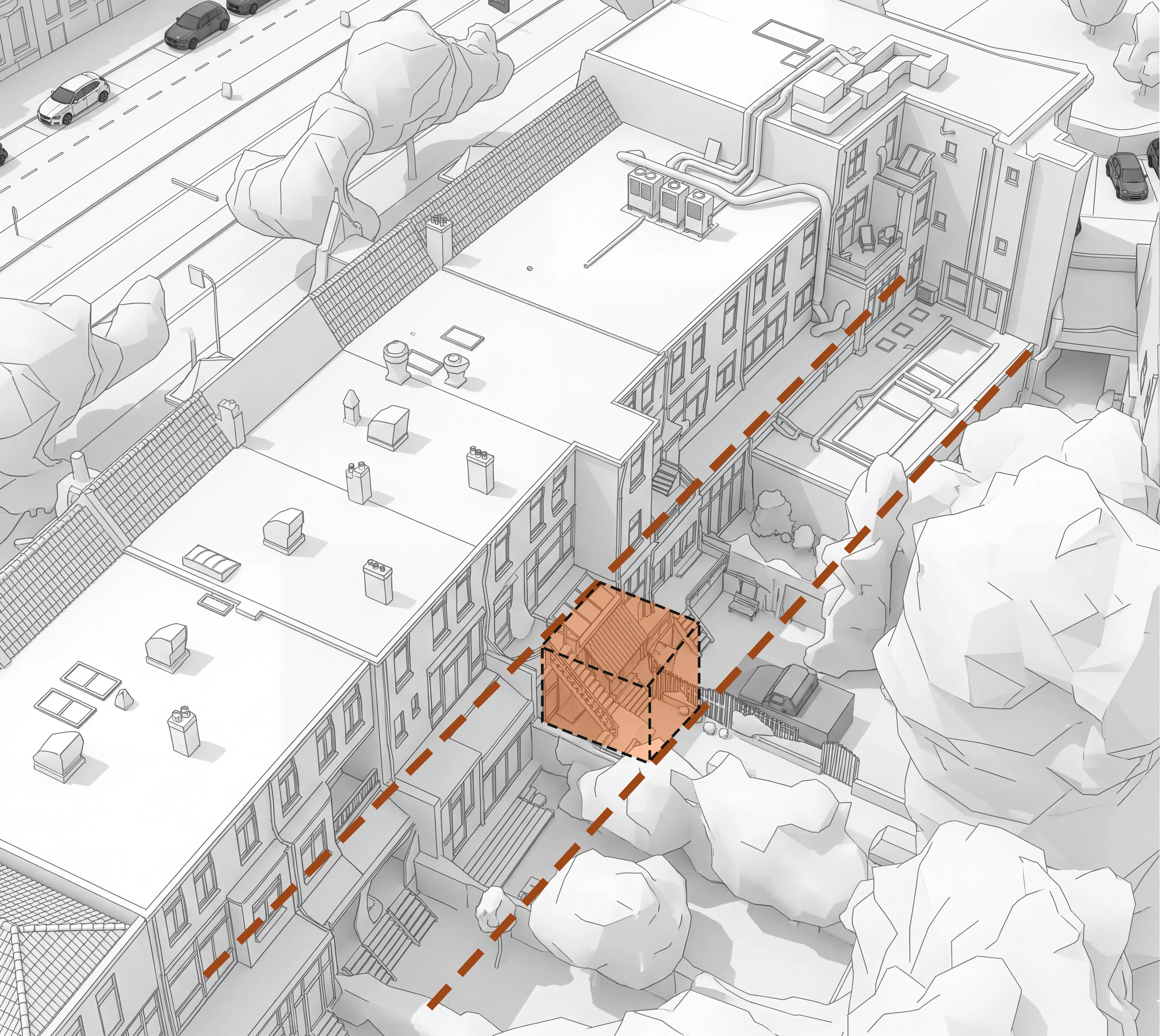 's-Gravendijkwal, diagram van de inpassing van de uitbouw en de splitsing in het bouwblok