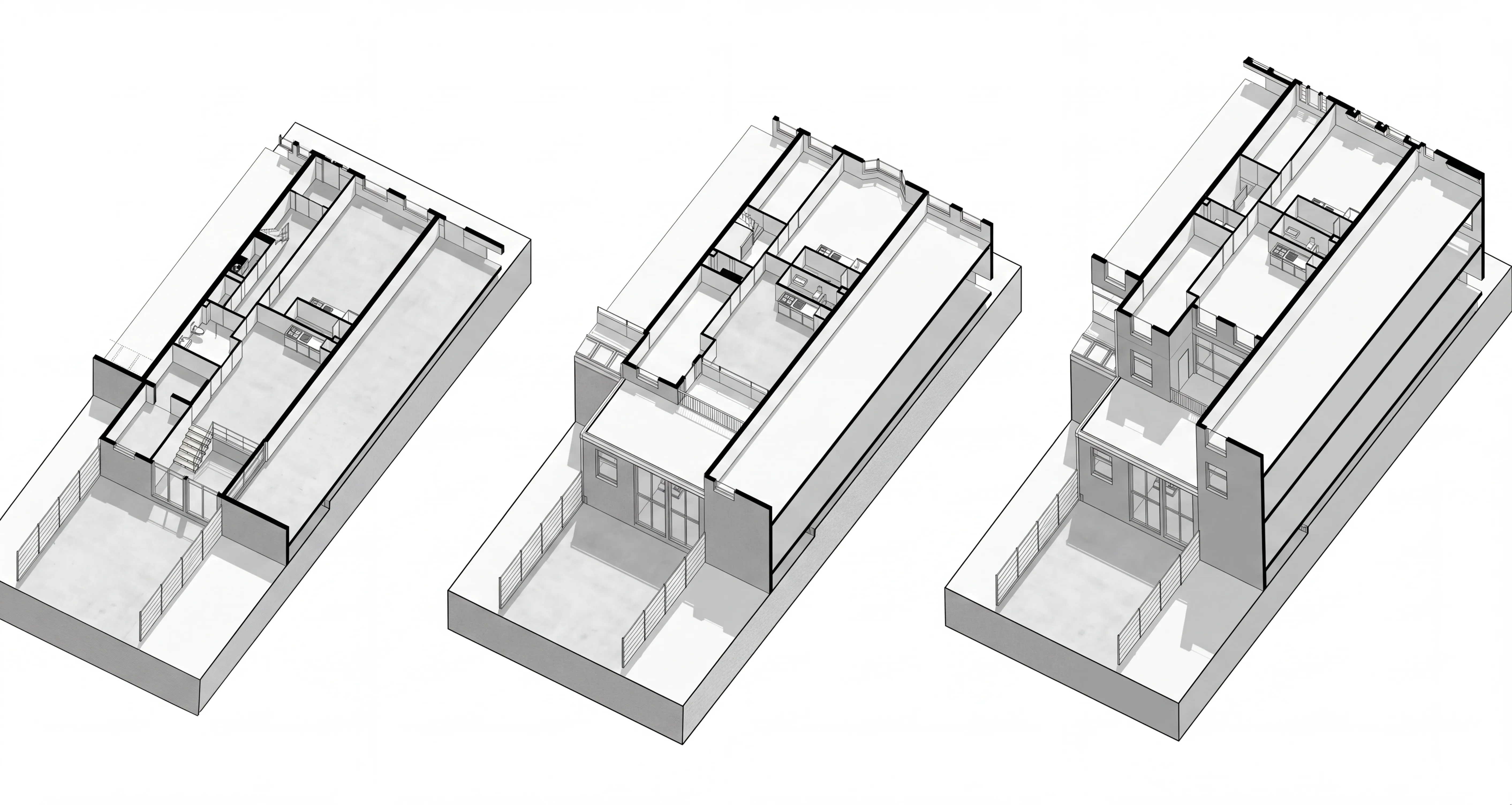 's-Gravendijkwal, isometrische plattegronden van de zes woningen verdeeld over drie verdiepingen