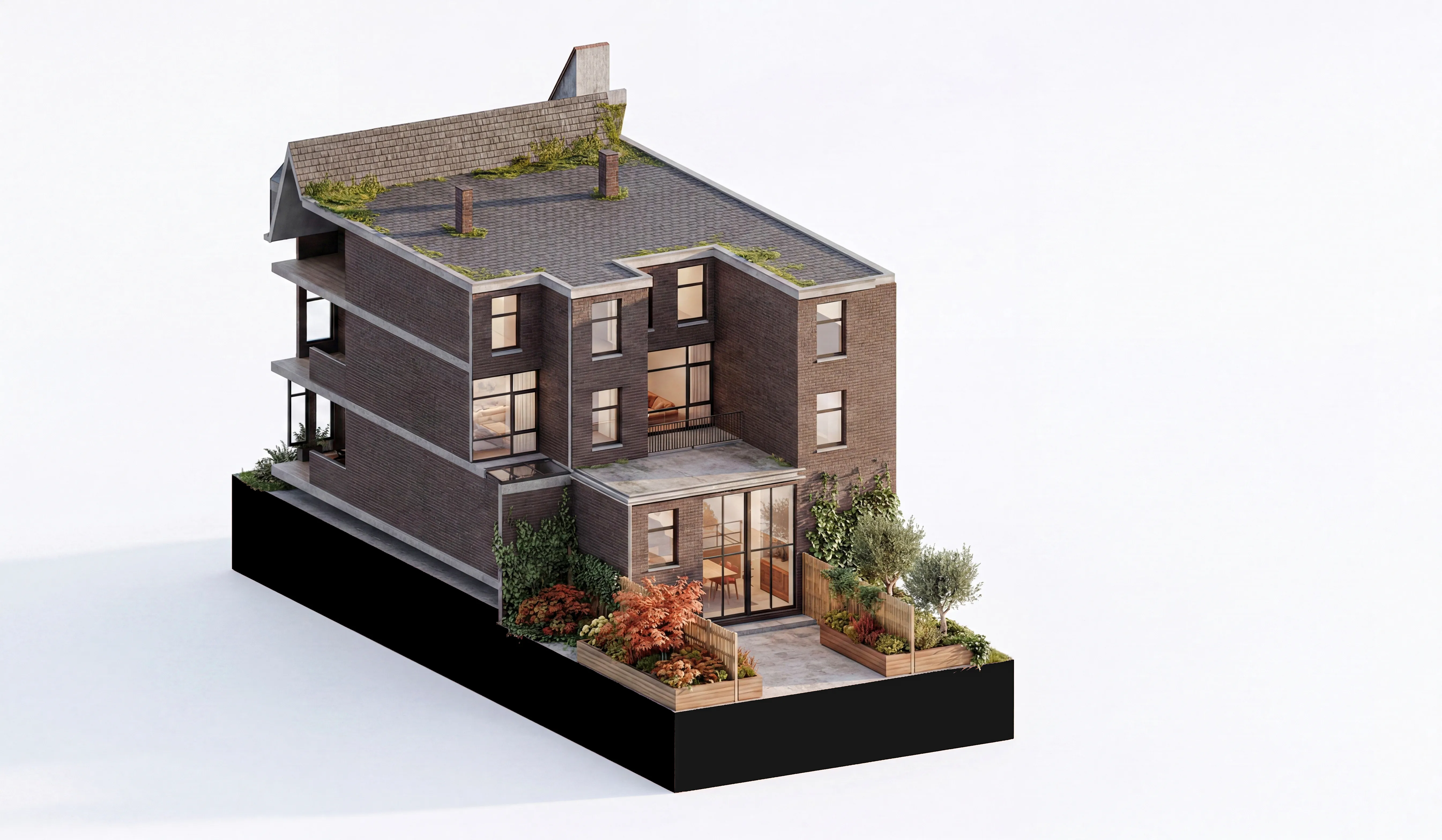 's-Gravendijkwal, axonometrie van het kantoorpand met de nieuwe uitbouw en de splitsing in zes woningen
