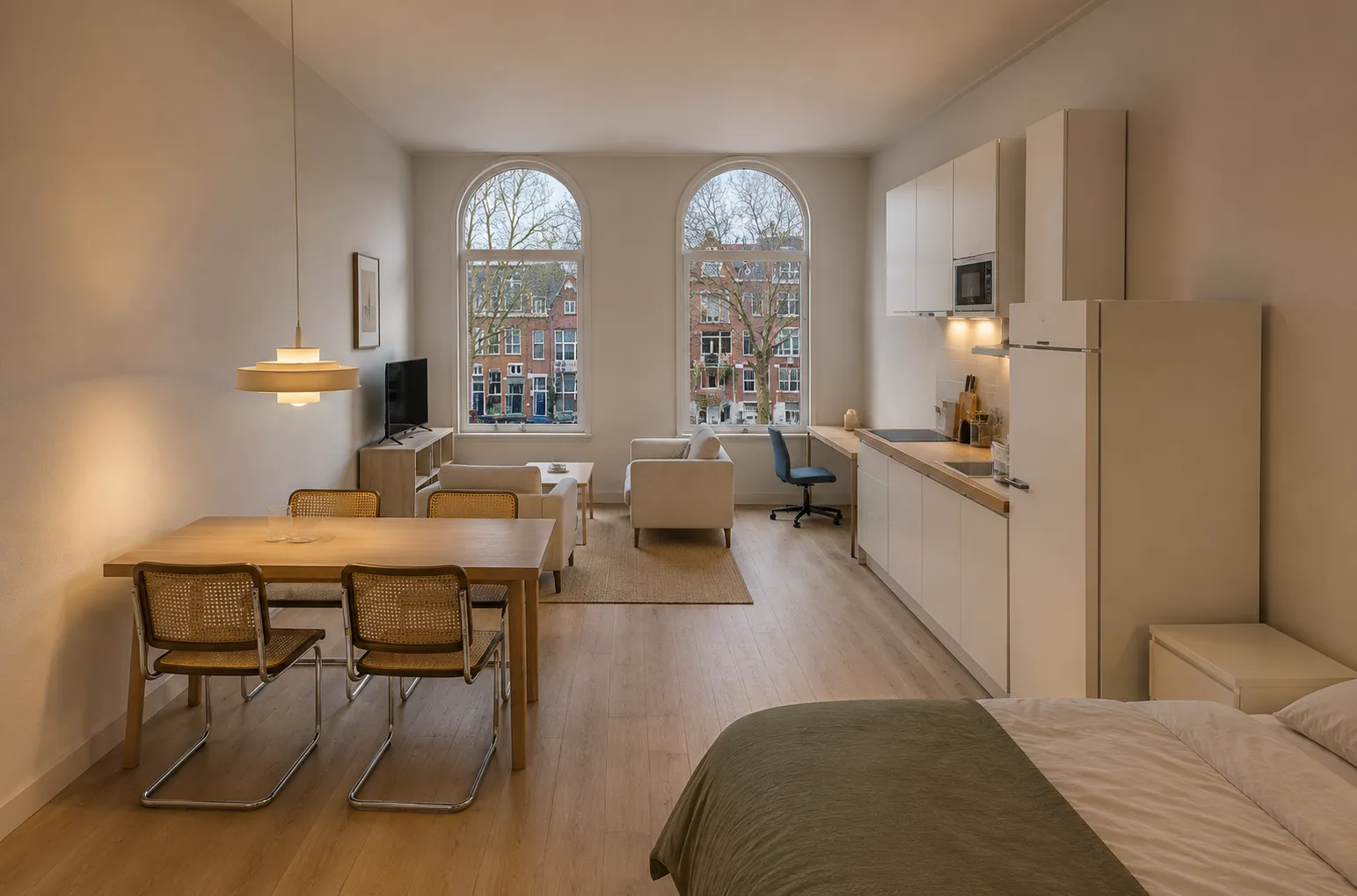 Interieurvisualisatie van een compacte woning aan de 's-Gravendijkwal met keuken, eettafel, werkplek en woonruimte