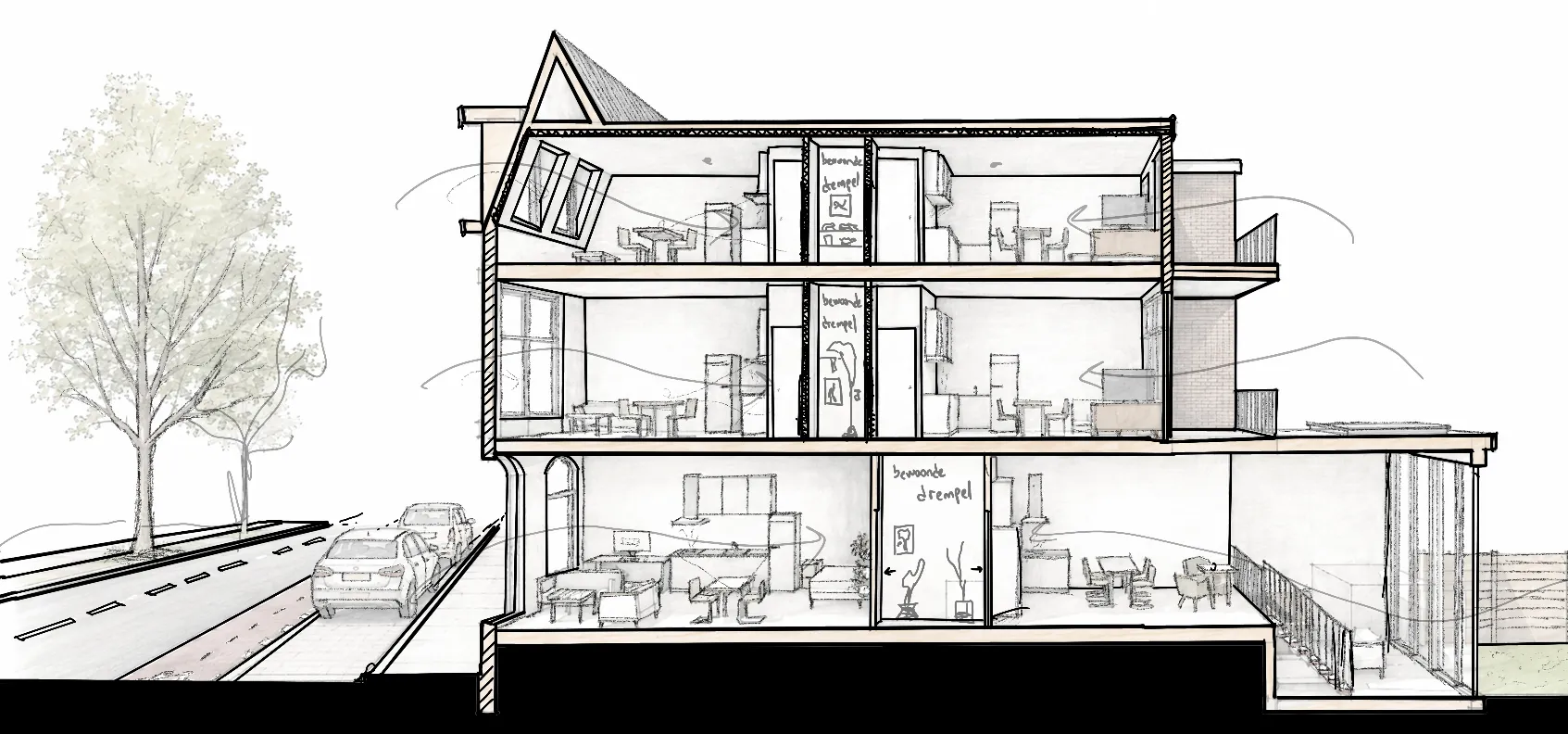 Architectonische doorsnede van straat via woningen en uitbouw naar de tuin aan de 's-Gravendijkwal
